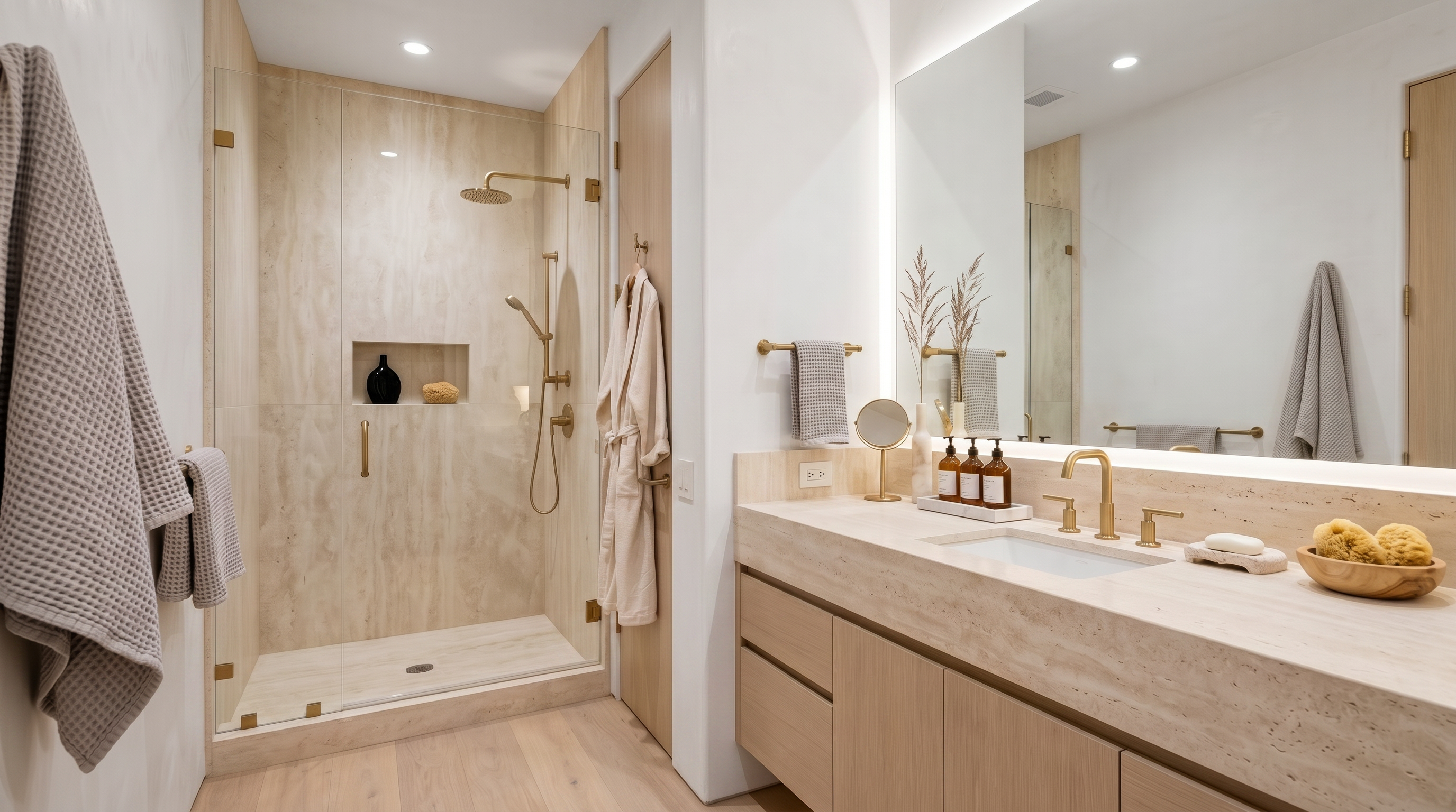 This elegant primary bathroom features a sophisticated, spa-inspired design with light-toned travertine surfaces and warm wood cabinetry. Key highlights include a frameless glass-enclosed shower with gold-toned hardware, a floating vanity with dual fixtures, and high-end accessories that create a serene and luxurious aesthetic.