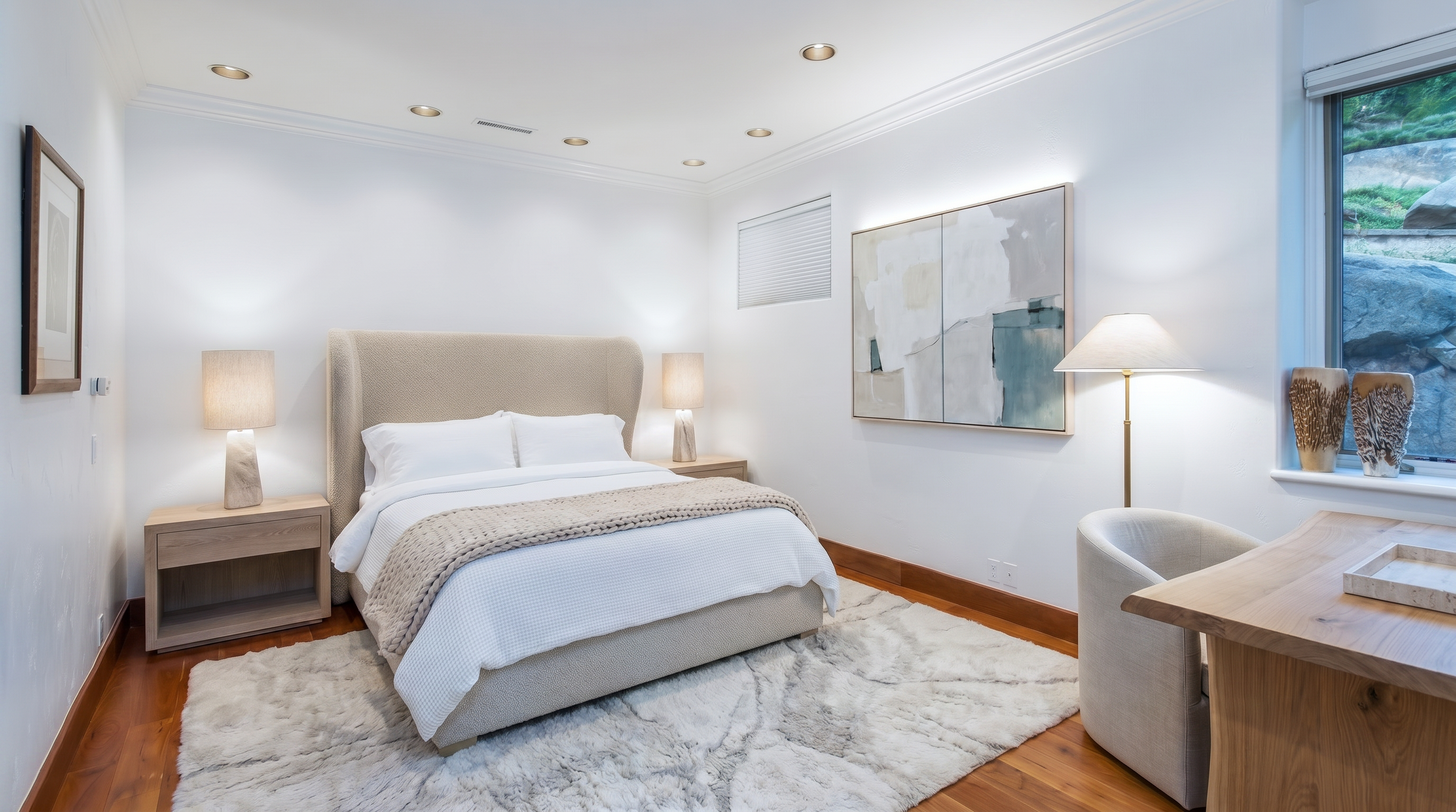 This serene, neutral-toned bedroom features a contemporary upholstered headboard as its centerpiece, complemented by matching bedside tables and soft, ambient lighting. A textured area rug adds warmth to the rich wood flooring, while a dedicated workspace area with a desk and chair provides functional versatility. The space is elegantly decorated with modern artwork, creating a peaceful and sophisticated atmosphere suitable for guests.