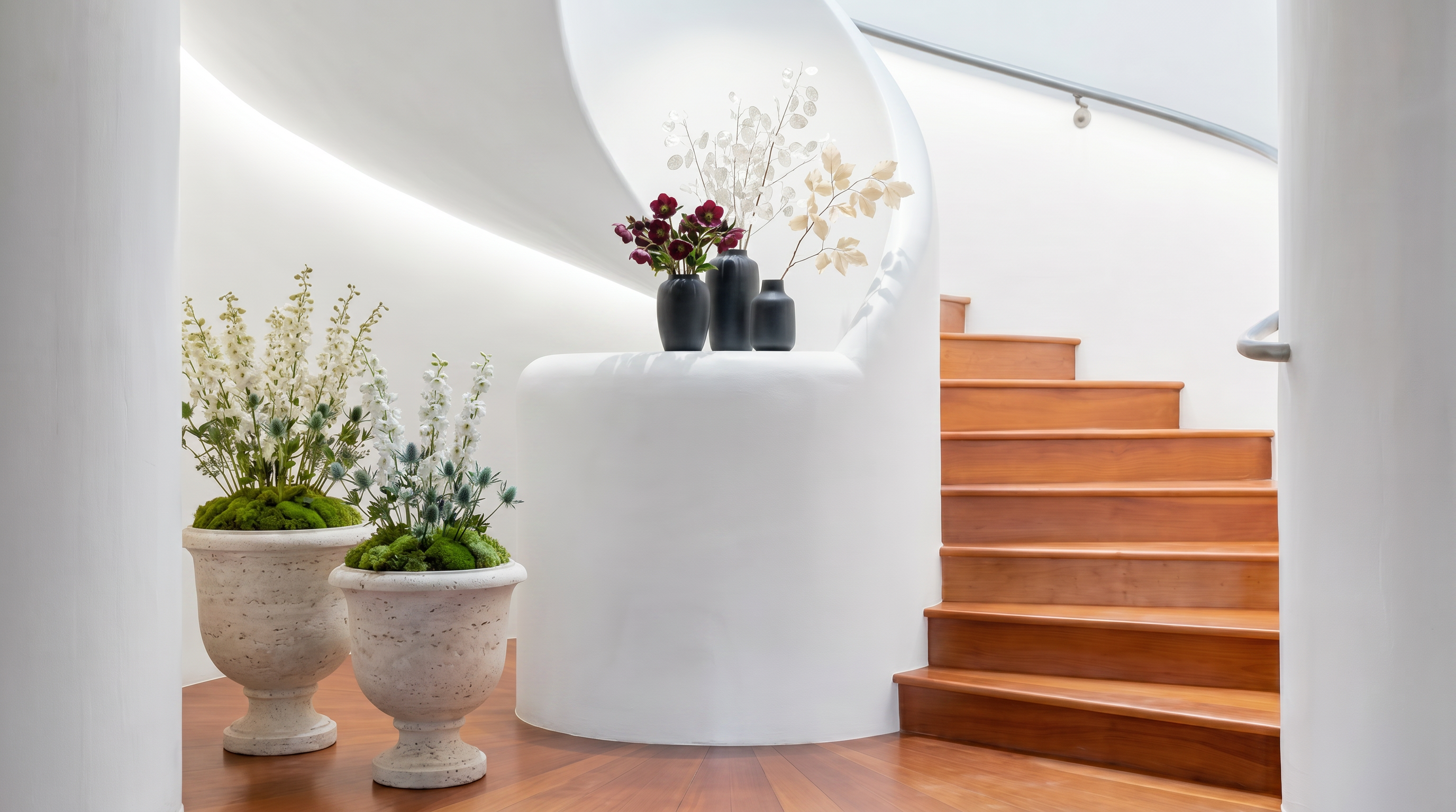 This elegant interior space features a sweeping, curved staircase with warm wooden steps and a smooth, white structural wall. The landing is tastefully decorated with black vases containing delicate floral arrangements, complemented by large, stone-textured pedestal planters in the foreground. The integrated cove lighting adds a soft, luxurious ambiance to the staircase area, highlighting the sophisticated architectural design.