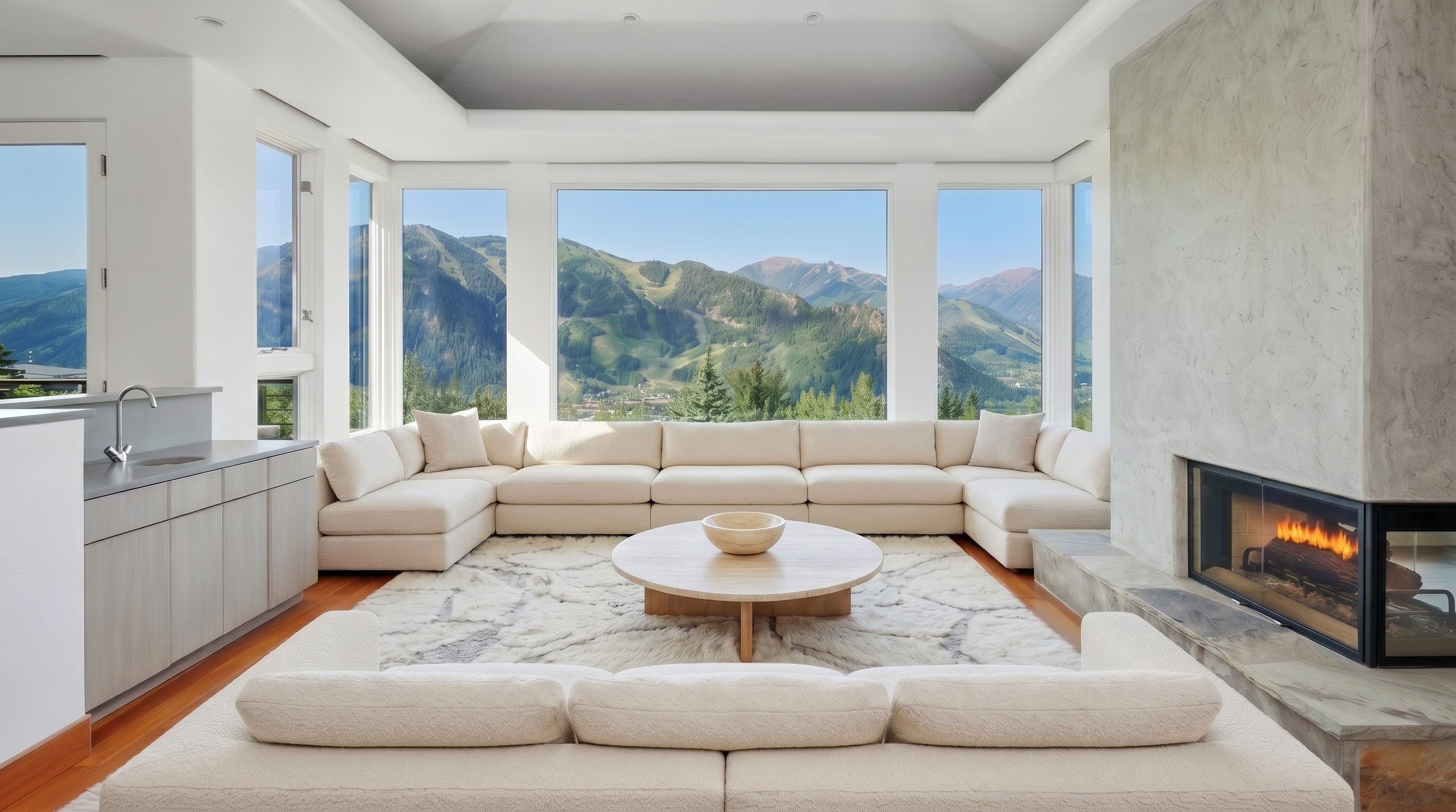This sophisticated living room features a contemporary design with a neutral color palette, centered around a striking stone fireplace and expansive floor-to-ceiling windows that frame breathtaking mountain views. The space is furnished with a unique, double-sided chaise lounge and a sleek sectional sofa, creating an inviting atmosphere for relaxation. A small wet bar area is conveniently integrated into the side, enhancing the room's functionality and modern appeal.