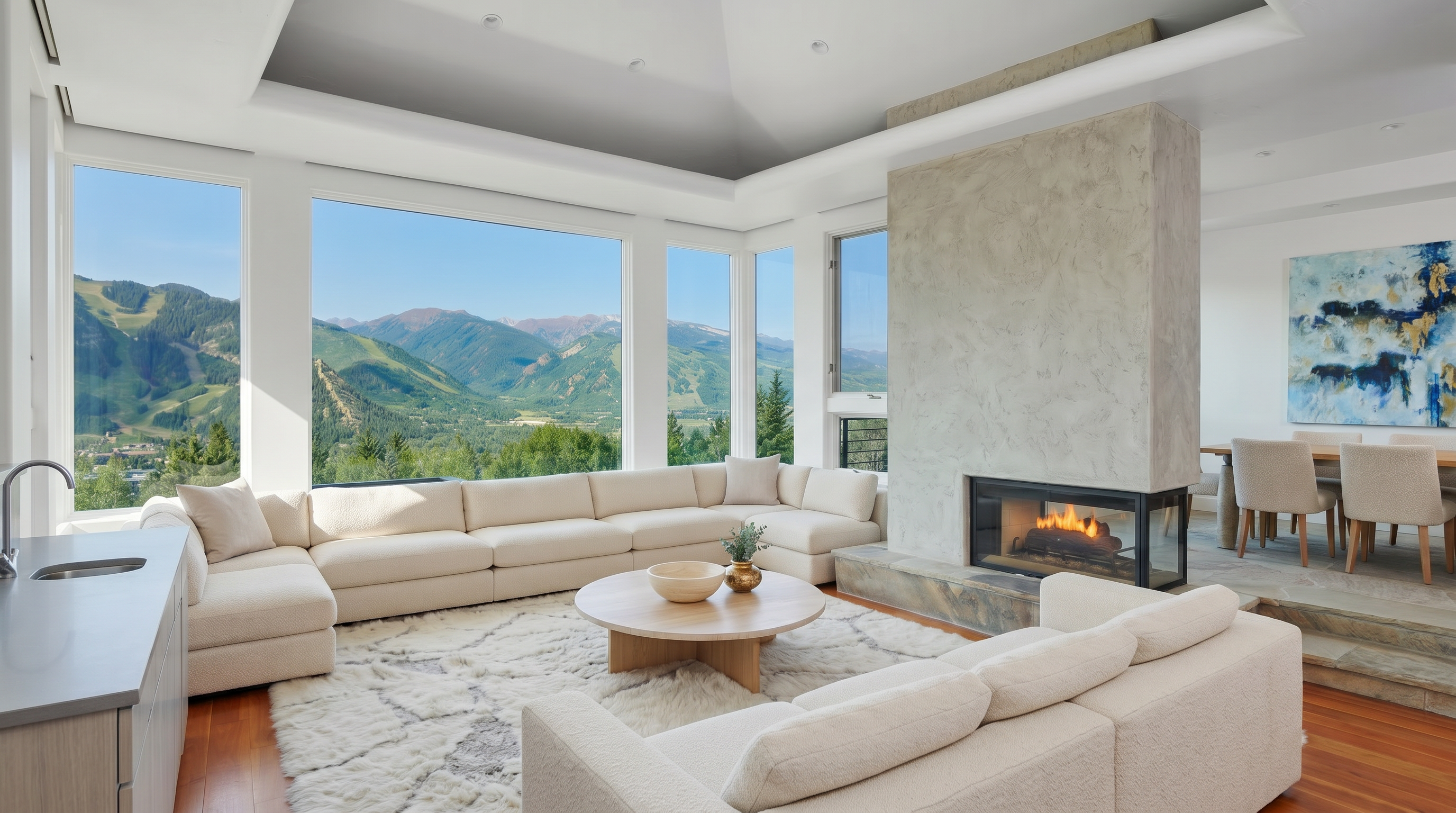 This stunning open-concept living area features expansive floor-to-ceiling windows that perfectly frame a breathtaking panoramic view of the mountain landscape. The room is anchored by a sophisticated double-sided concrete fireplace and plush, high-end neutral furniture arranged on a soft, textured area rug. With its soaring tray ceilings, warm wood flooring, and seamless flow into the adjacent dining area, this space offers an ideal blend of contemporary luxury and serene natural beauty.