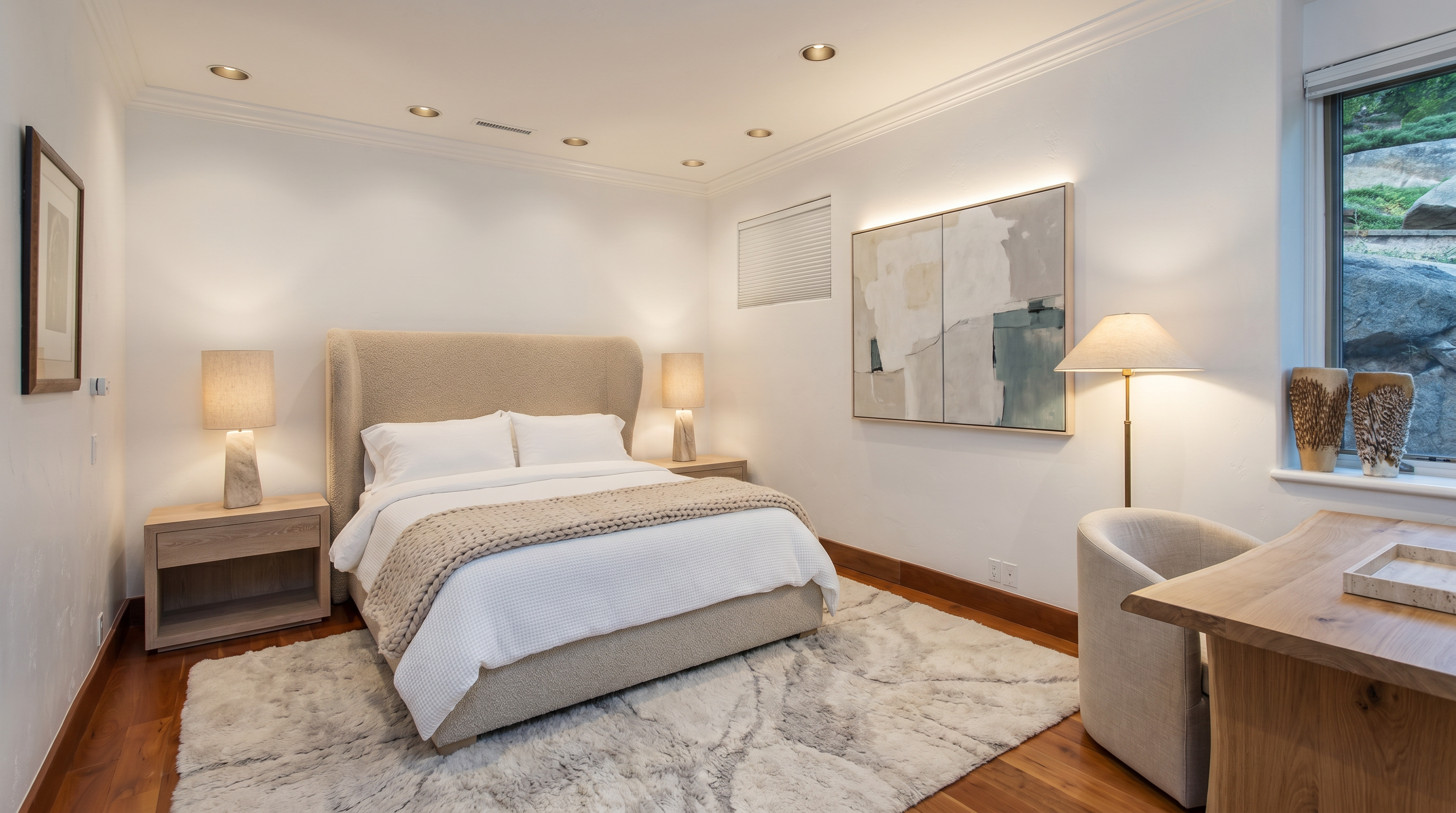 This tranquil primary bedroom features a warm wooden floor, a large bed with a dark leather headboard, and a decorative animal-print bench at the foot. Natural light pours in from a window that offers views of an outdoor rock formation, while the room is adorned with unique artwork and rustic wall decor. The space conveys a comfortable and inviting atmosphere, complemented by stylish wood furniture.
