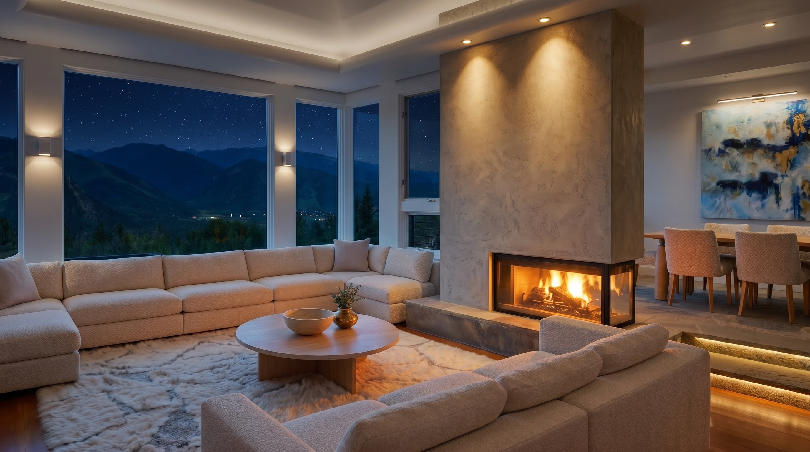 This sophisticated, contemporary living room features an expansive wall of floor-to-ceiling windows that perfectly frame stunning mountain views. The space is anchored by a large, creamy white sectional, a round wooden coffee table, and a plush area rug, all centered around a striking, double-sided textural fireplace. An adjacent dining area with modern seating and a vibrant abstract painting completes the open-concept floor plan, creating an inviting and luxurious atmosphere.