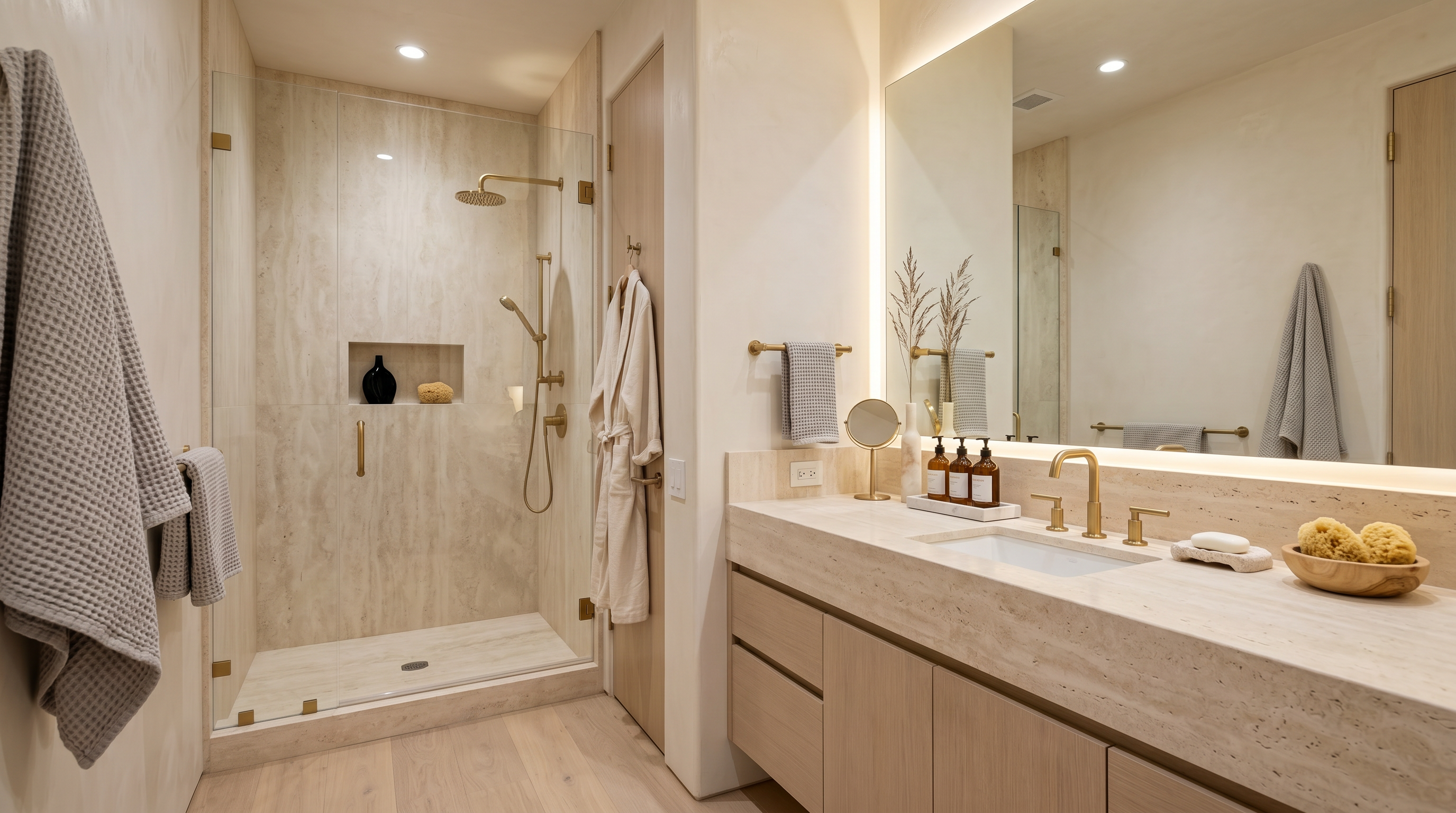 This primary bathroom features a bold, high-contrast aesthetic with dramatic, dark-veined granite covering the floors, shower enclosure, and vanity countertop. The light-wood cabinetry and reflective mirror surfaces provide a clean, modern balance, while a glass-enclosed shower adds an open and luxurious feel. A plush white robe and neatly placed towels suggest a well-maintained and spa-like atmosphere suitable for a upscale residence.