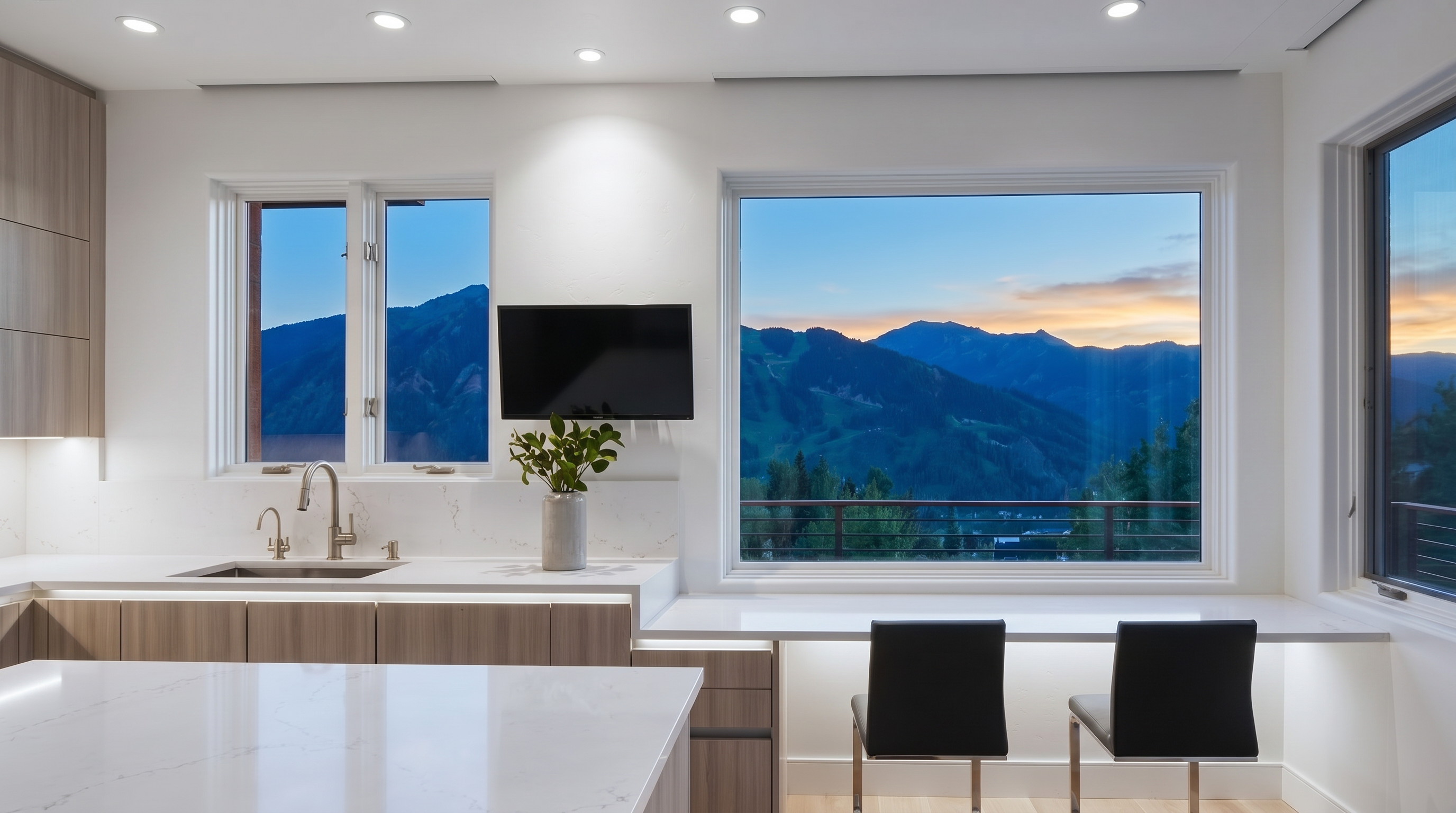 This modern kitchen features high-end finishes, including clean-lined wood cabinetry and white quartz countertops with integrated under-cabinet lighting. A prominent wall of windows frames a breathtaking mountain sunset view, seamlessly integrating the living space with the natural surroundings. The kitchen is accessorized with a contemporary faucet and a sleek breakfast bar setup, offering a sophisticated and tranquil atmosphere.