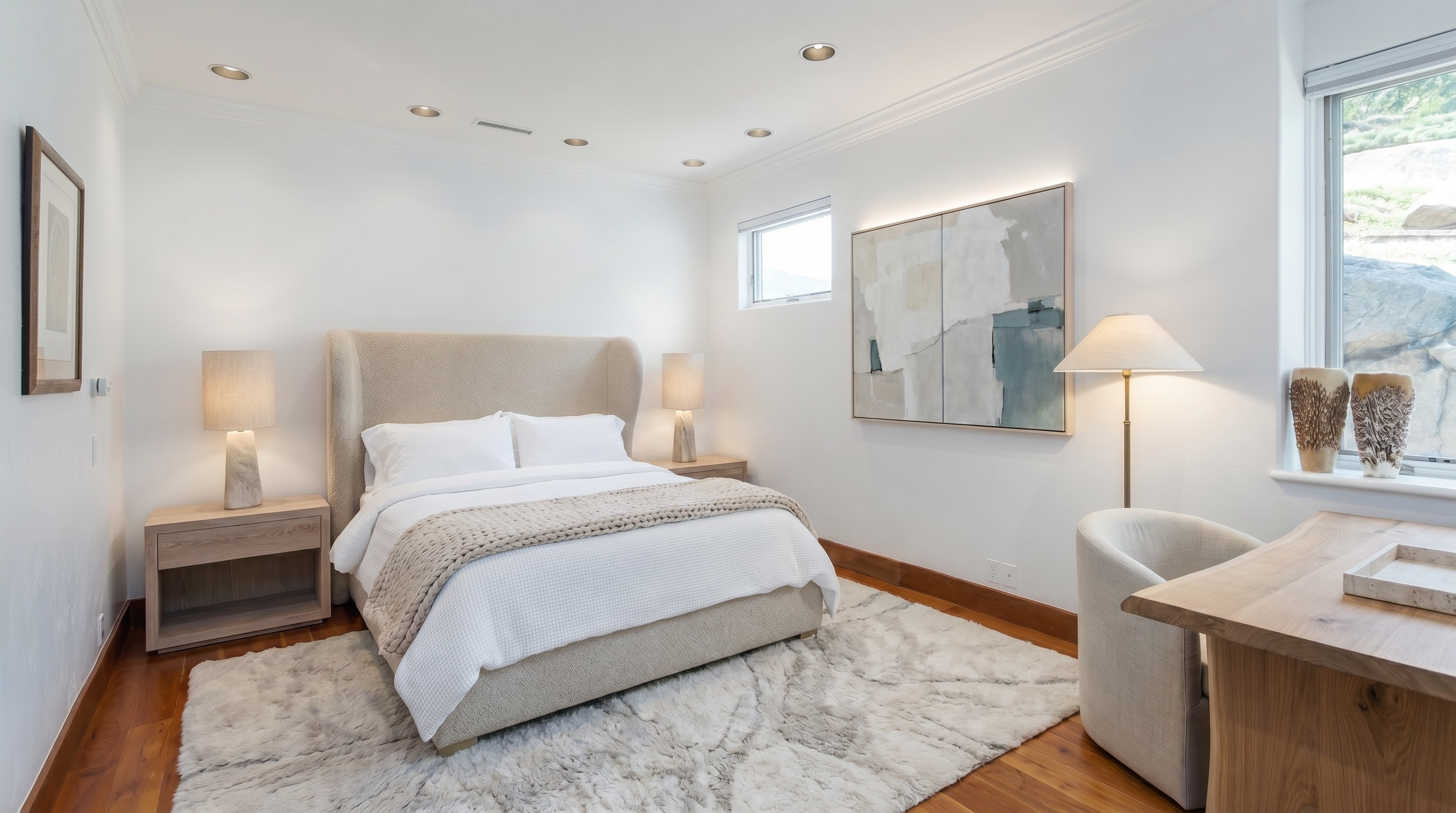This tranquil primary bedroom features a neutral palette with a cozy, tufted-back upholstered bed as the centerpiece, complemented by a soft, textured area rug over warm-toned hardwood floors. The space is thoughtfully furnished with matching side tables, stylish bedside lamps, contemporary artwork, and a dedicated workspace nook, all bathed in natural light from the large window. The room conveys a serene, sophisticated, and inviting atmosphere ideal for relaxation.