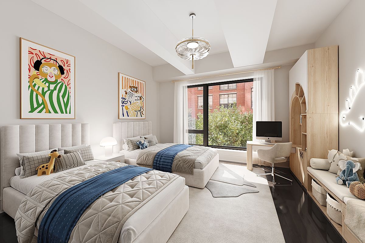 This is a bright and inviting guest bedroom featuring two twin beds with plush, upholstered headboards and blue accents. Artwork adorns the walls, complementing the room's playful yet sophisticated design. A built-in desk area with a modern computer setup and a cozy bench with decorative pillows add functionality and charm, making it an ideal space for children or guests.