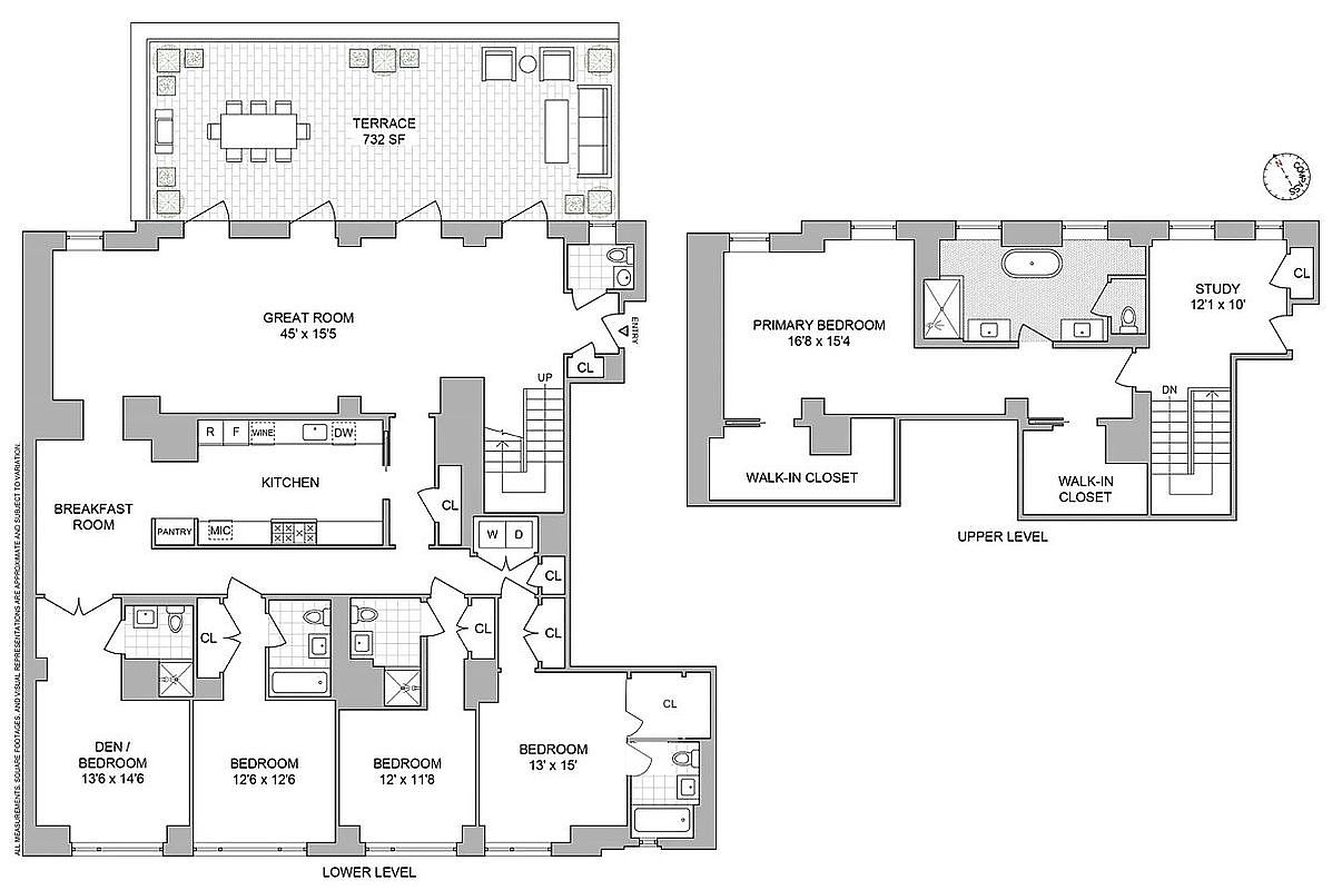 This image showcases a detailed floor plan of a multi-level residence, featuring a lower level with multiple bedrooms, a main level with a great room, kitchen, and terrace, and an upper level with a primary bedroom suite and study. The layout emphasizes spacious living areas and private bedroom quarters, providing a comprehensive overview of the home's structure and room dimensions.