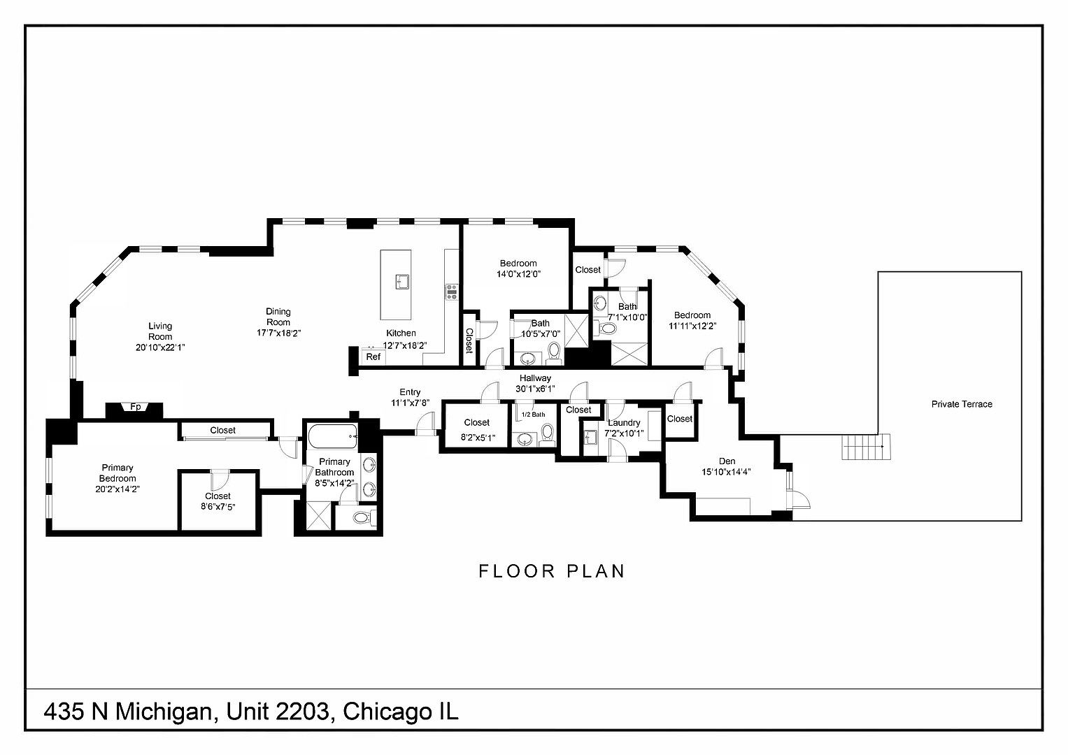 This image is a detailed 2D architectural floor plan for a residential unit located at 435 N Michigan, Unit 2203, in Chicago, IL. The layout features a spacious open-concept living and dining area, a primary bedroom suite with a walk-in closet and bathroom, two additional bedrooms, a den, and a private terrace. The schematic provides clear dimensions for each room, highlighting a functional and well-organized living space.