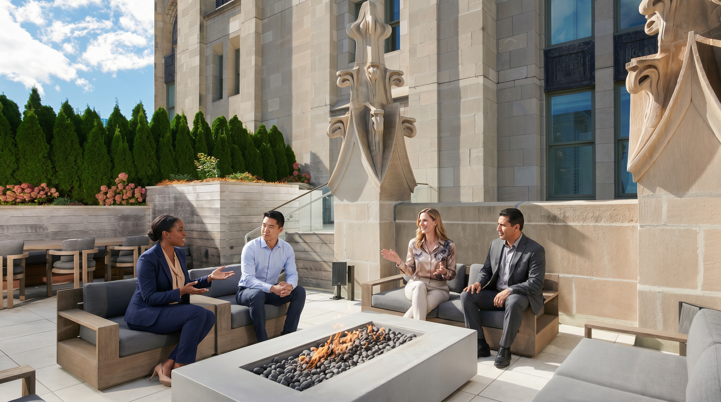This sophisticated rooftop terrace features a modern fire pit as its centerpiece, surrounded by comfortable, contemporary outdoor lounge seating. The space is framed by elegant stone architectural details and a lush row of evergreen trees, creating a private and upscale urban oasis. The perspective captures the inviting atmosphere of this high-end outdoor living area, perfect for entertaining or relaxing.