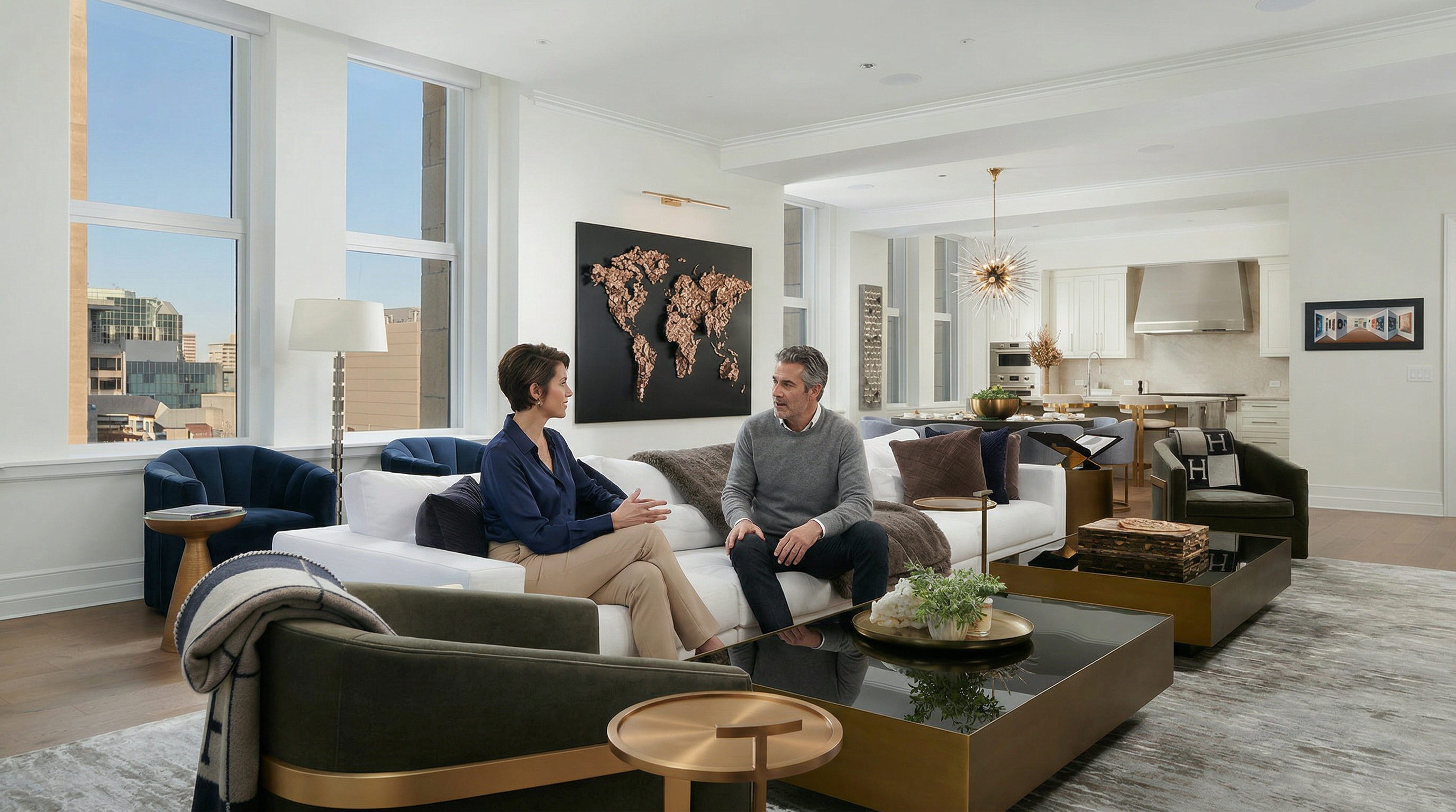 This sophisticated, open-concept living room features a plush white sectional sofa accented with dark throw pillows and a luxurious fur throw. The space is anchored by a large, modern coffee table with a metallic base and a textured area rug, while a striking world map art piece serves as a focal point on the wall. Large windows flood the room with natural light, offering a seamless transition into the adjacent dining area and kitchen, creating an atmosphere of refined elegance.