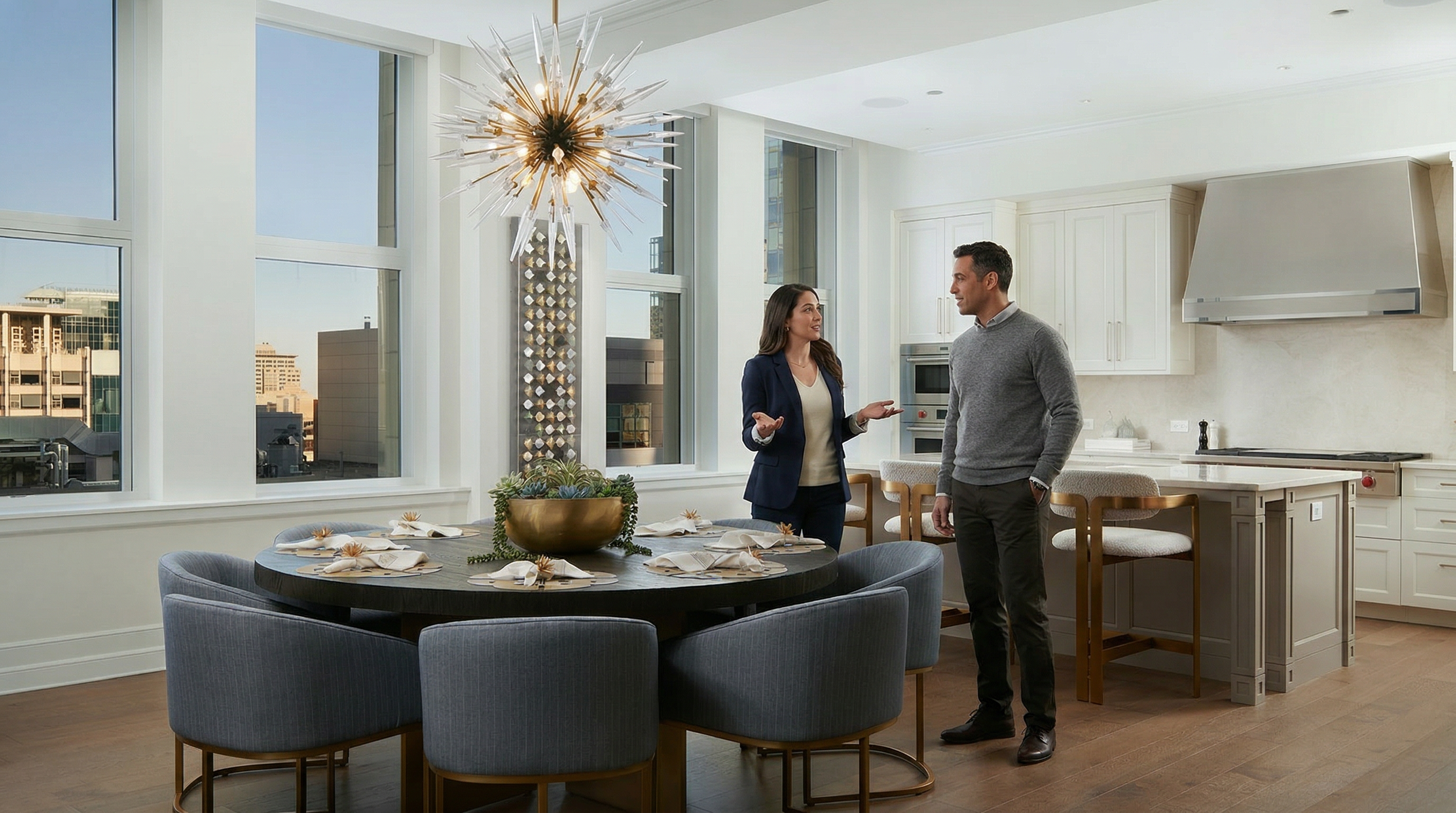 This sophisticated open-concept dining and kitchen area features a round dark wood dining table surrounded by plush blue upholstered chairs, all anchored by a striking starburst chandelier. The adjacent kitchen boasts a large island with bar seating, light-toned cabinetry, and a sleek stainless steel range hood. Large floor-to-ceiling windows flood the space with natural light, offering an expansive urban view that enhances the modern, high-end aesthetic.