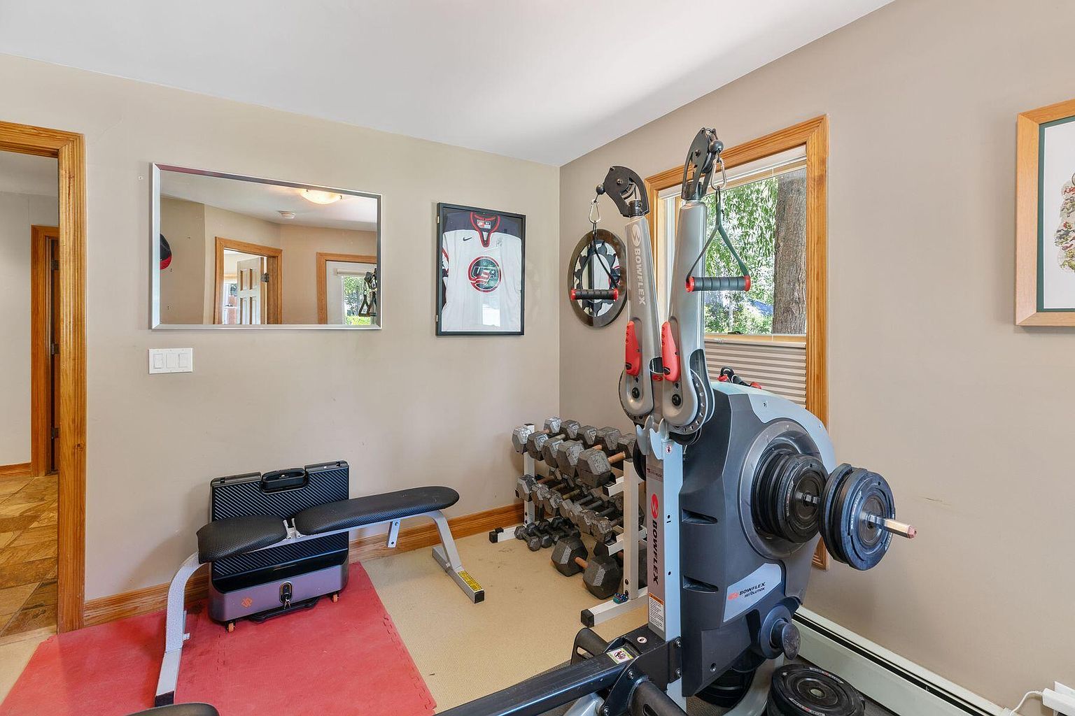 This is an interior shot of a home gym, featuring a Bowflex Revolution home gym system as the focal point. The room also includes a weight bench, a rack of dumbbells, and framed artwork, creating a dedicated workout space. The walls are painted in a neutral tone, and the flooring consists of a combination of carpet and a red exercise mat.