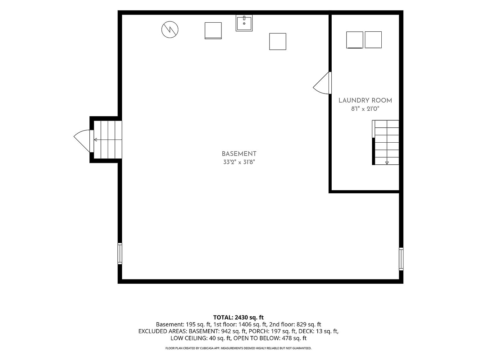 This is a black-and-white architectural floor plan illustrating the layout of a basement level. The diagram features a large open-concept main area, a dedicated laundry room with two appliances, and a staircase leading to the level above. The drawing includes precise dimensions for the rooms and provides a summary of the total square footage for the entire property.