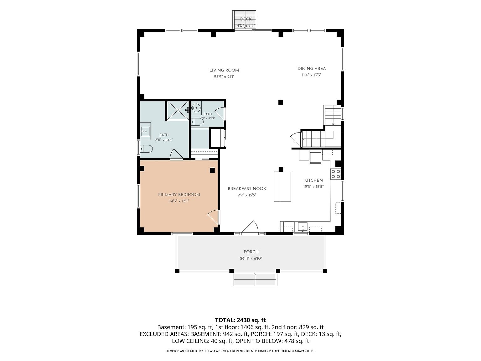 This image is a detailed 2D floor plan of a residential home level, showcasing the layout of a living room, dining area, kitchen, breakfast nook, primary bedroom, and two bathrooms. The diagram includes precise room dimensions, the location of a porch and deck, and a staircase leading to other levels. It provides a clear, top-down architectural overview of the home's spatial flow and functional design.