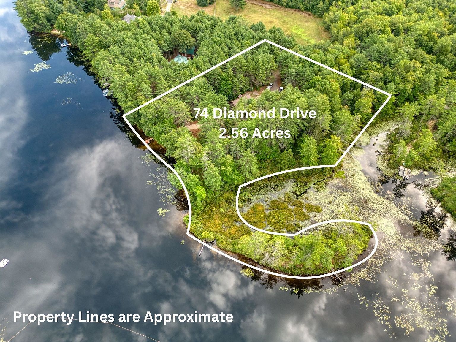 This aerial perspective showcases a 2.56-acre waterfront property located at 74 Diamond Drive, featuring a heavily wooded lot that extends into a peninsula on a calm lake. The image includes a white outline overlaying the approximate property boundaries, highlighting the expansive natural landscape and direct water access. The scene captures a serene, secluded setting with dense forest cover and a small clearing for the residence.
