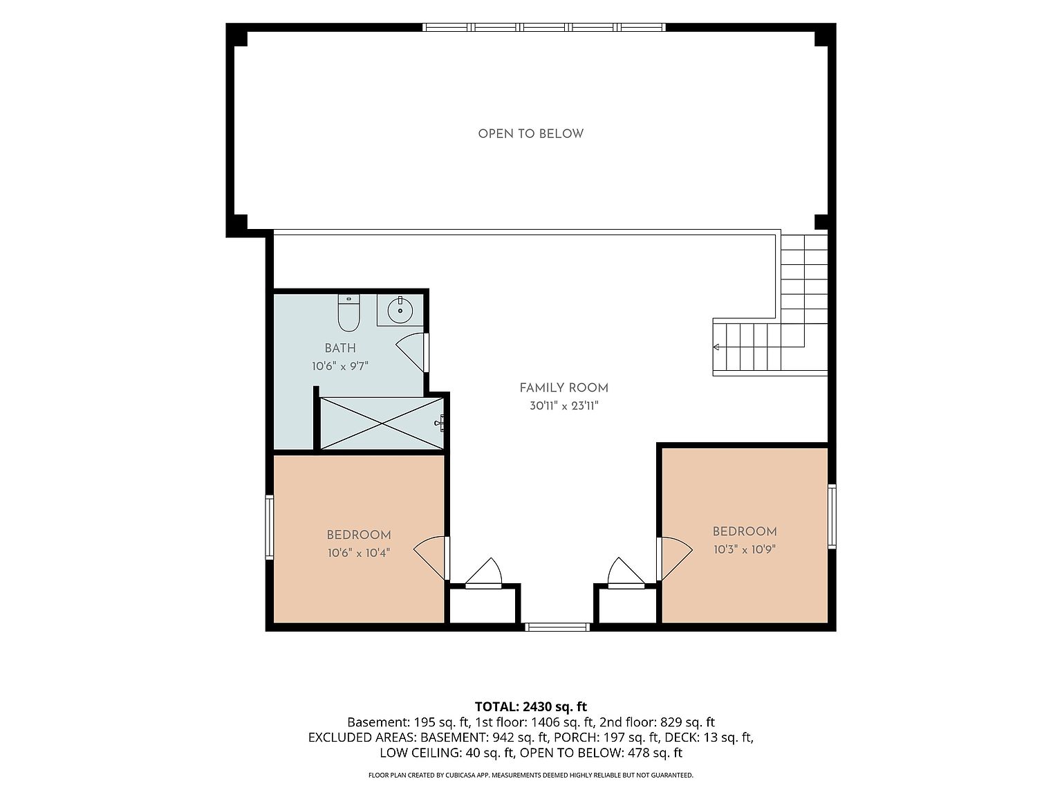 This image is a 2D floor plan illustration of a residential home's second floor. It features a large family room, two bedrooms, a bathroom, and an open-to-below area overlooking the level beneath. The layout is clearly labeled with room dimensions and total square footage, providing a technical overview of the floor's spatial arrangement.