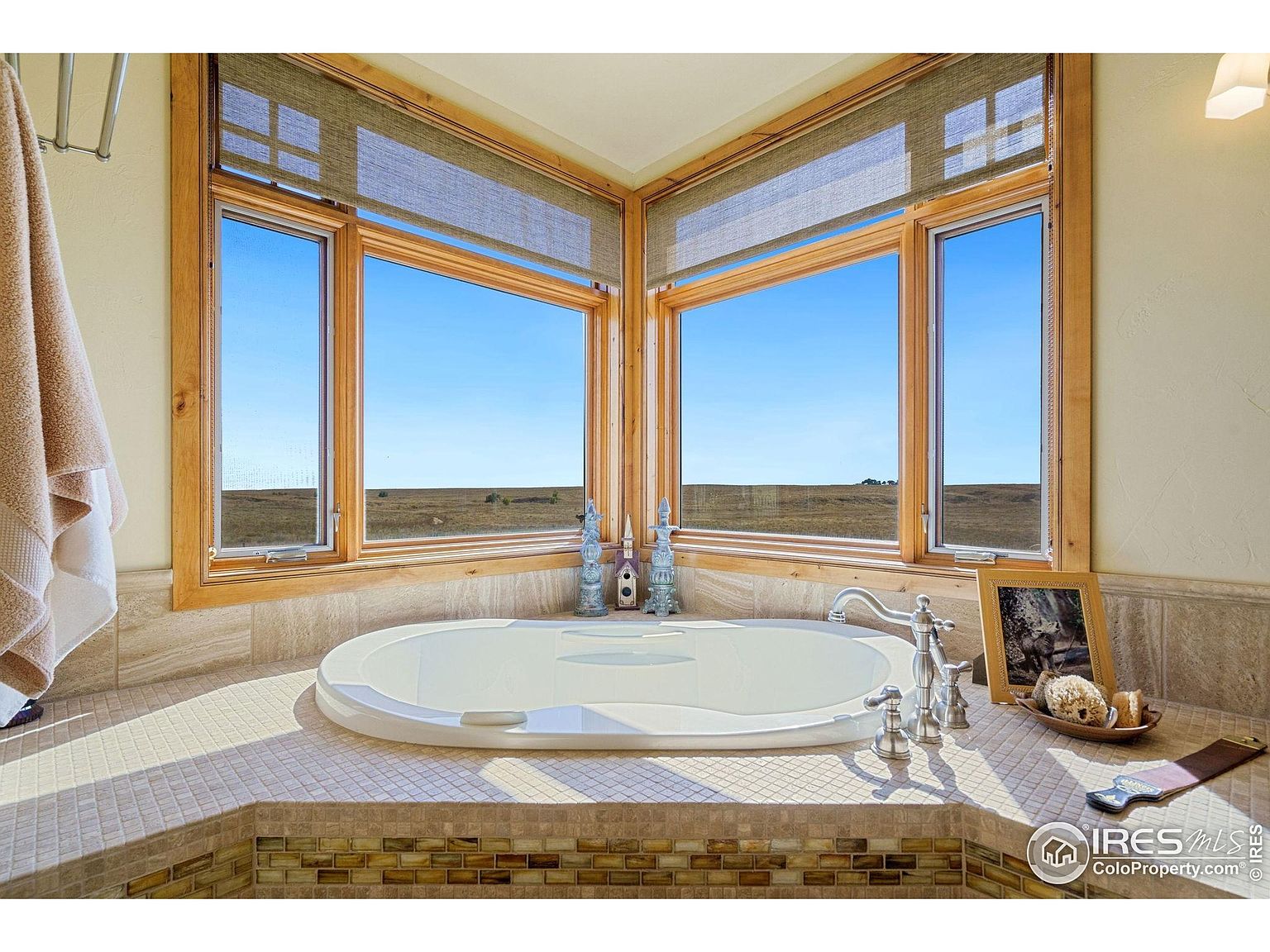 This is a luxurious primary bathroom featuring a large, oval soaking tub positioned beneath a corner window offering expansive views of a prairie landscape. The tub is surrounded by decorative tile work, and the room is bathed in natural light, creating a serene and spa-like atmosphere. The perspective is from a medium shot, highlighting the tub and the view.