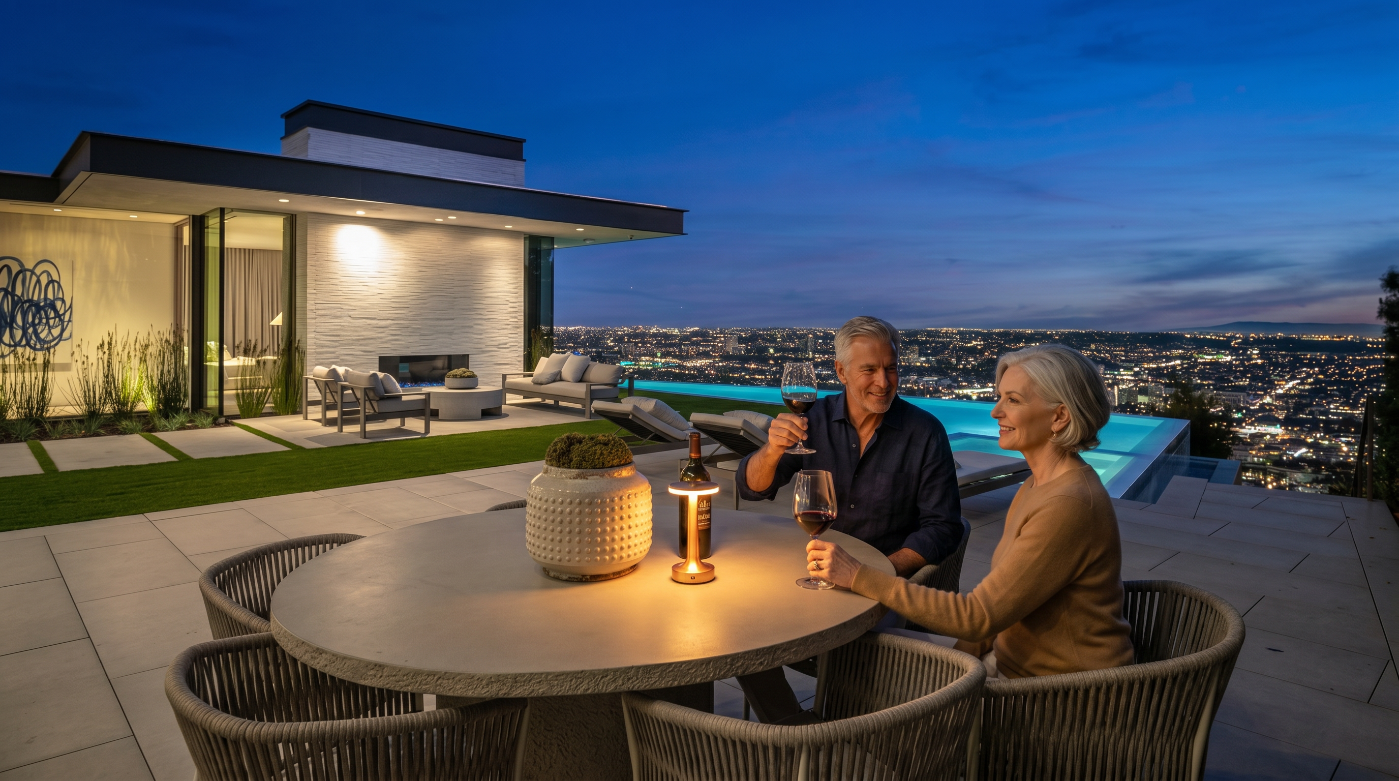 This stunning modern outdoor living space features a sleek infinity-edge pool overlooking a sprawling, illuminated city skyline at twilight. The patio is furnished with contemporary lounge chairs and a dining set, seamlessly blending indoor-outdoor living with a minimalist architectural aesthetic. The scene captures a luxurious, serene atmosphere perfect for high-end entertaining.