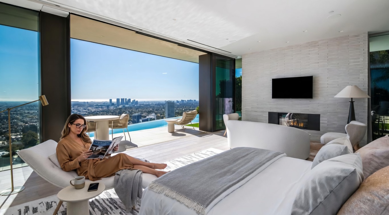This luxurious primary bedroom features an expansive open-concept design with floor-to-ceiling glass walls that seamlessly blend the indoor space with a private terrace and infinity pool. The room is elegantly furnished with a modern bed, a sleek white sofa, and a minimalist fireplace set into a textured stone wall, all overlooking a breathtaking panoramic city view. The aesthetic is ultra-modern and sophisticated, emphasizing high-end finishes and a serene, airy atmosphere.