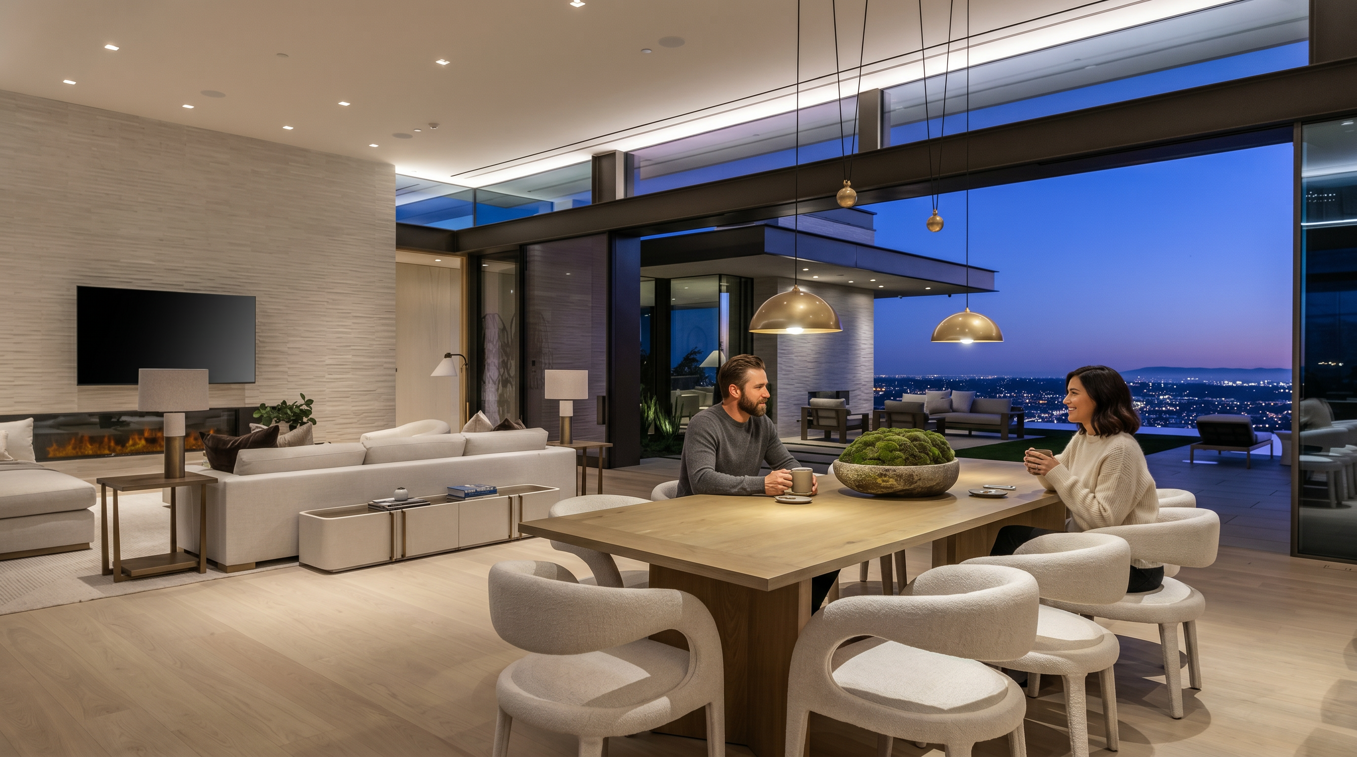 This expansive, open-concept living and dining area showcases a sophisticated modern aesthetic with high-end finishes and seamless indoor-outdoor integration. The space features a textured stone fireplace wall, a large wooden dining table with curved upholstered chairs, and floor-to-ceiling glass walls that reveal a stunning panoramic city view at dusk. The warm, neutral color palette and recessed lighting create an inviting, luxurious atmosphere perfect for high-end entertaining.