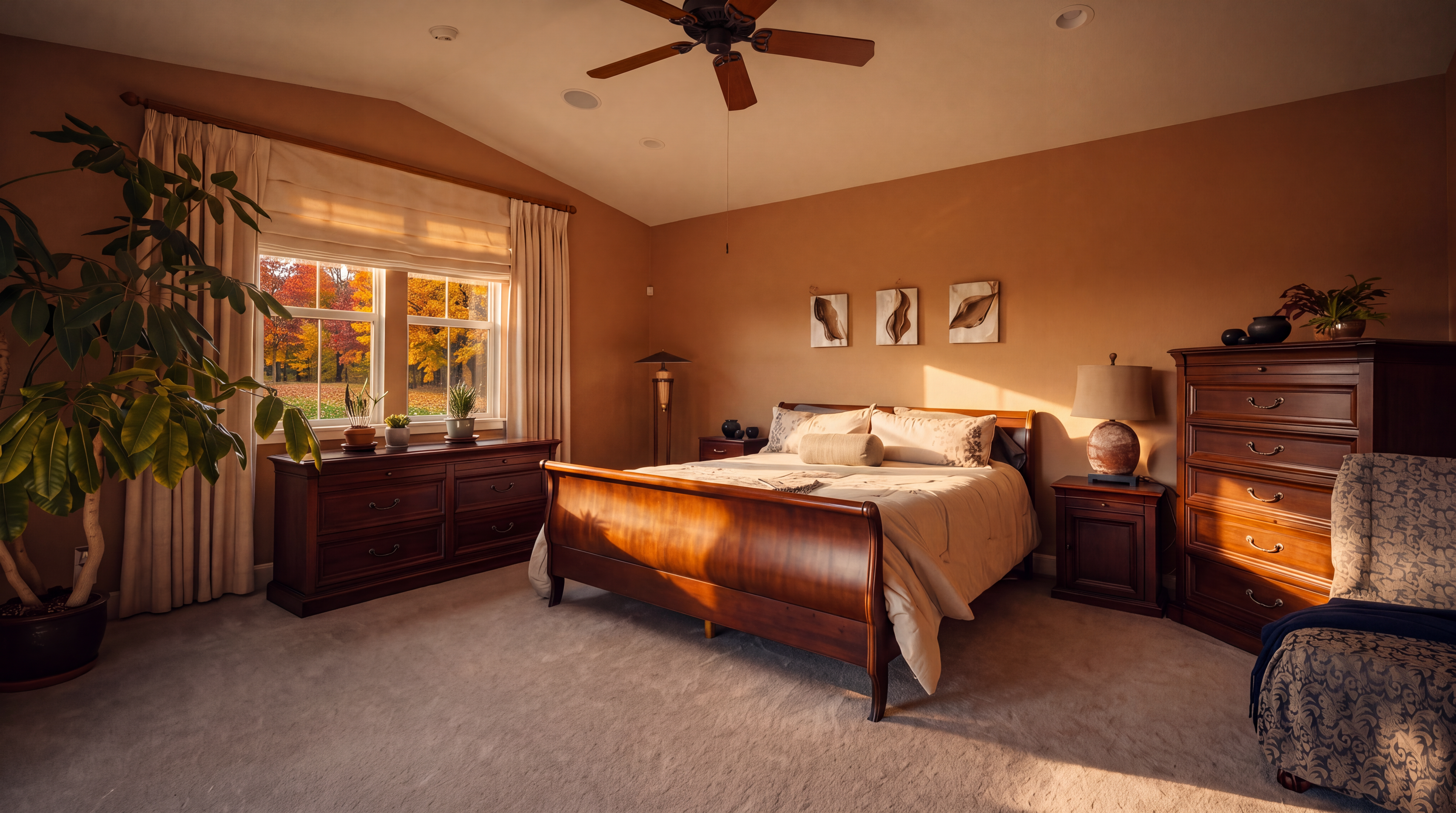This spacious primary bedroom features a warm, neutral color palette and a vaulted ceiling with a central wooden ceiling fan. The room is furnished with a dark wood sleigh bed, matching dressers, and a patterned armchair, all set against a backdrop of large windows dressed in floor-length curtains. The overall impression is one of traditional comfort and tranquility, with soft carpeting and balanced lighting throughout.