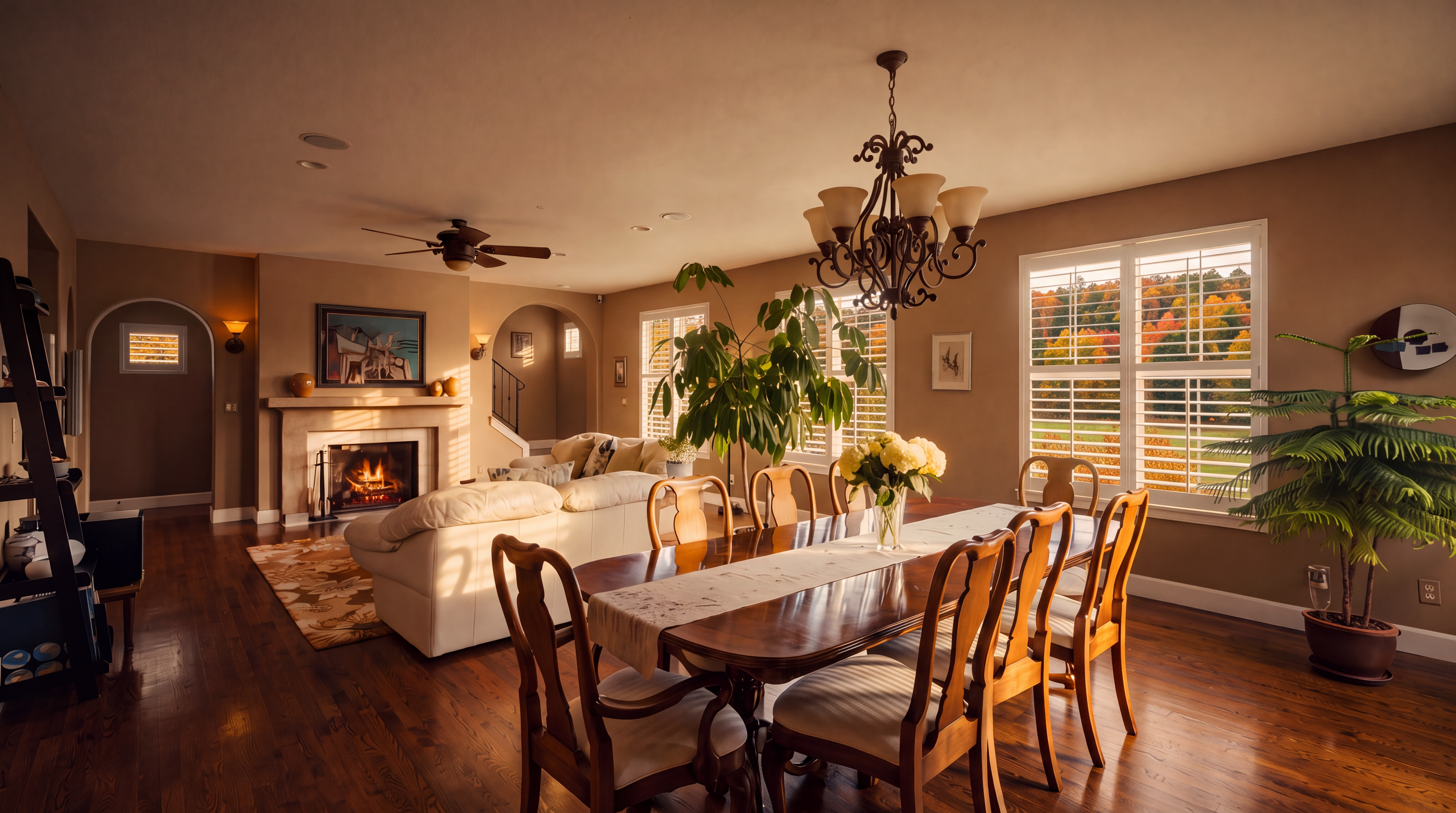 This open-concept space features a formal dining area in the foreground with a large wooden table and upholstered chairs, illuminated by an ornate chandelier. Beyond the dining area, a living room is visible, centered around a fireplace with a stone mantel and a white sofa. The room is finished with warm-toned wood flooring, neutral wall colors, and large windows with plantation shutters that allow natural light to fill the space.