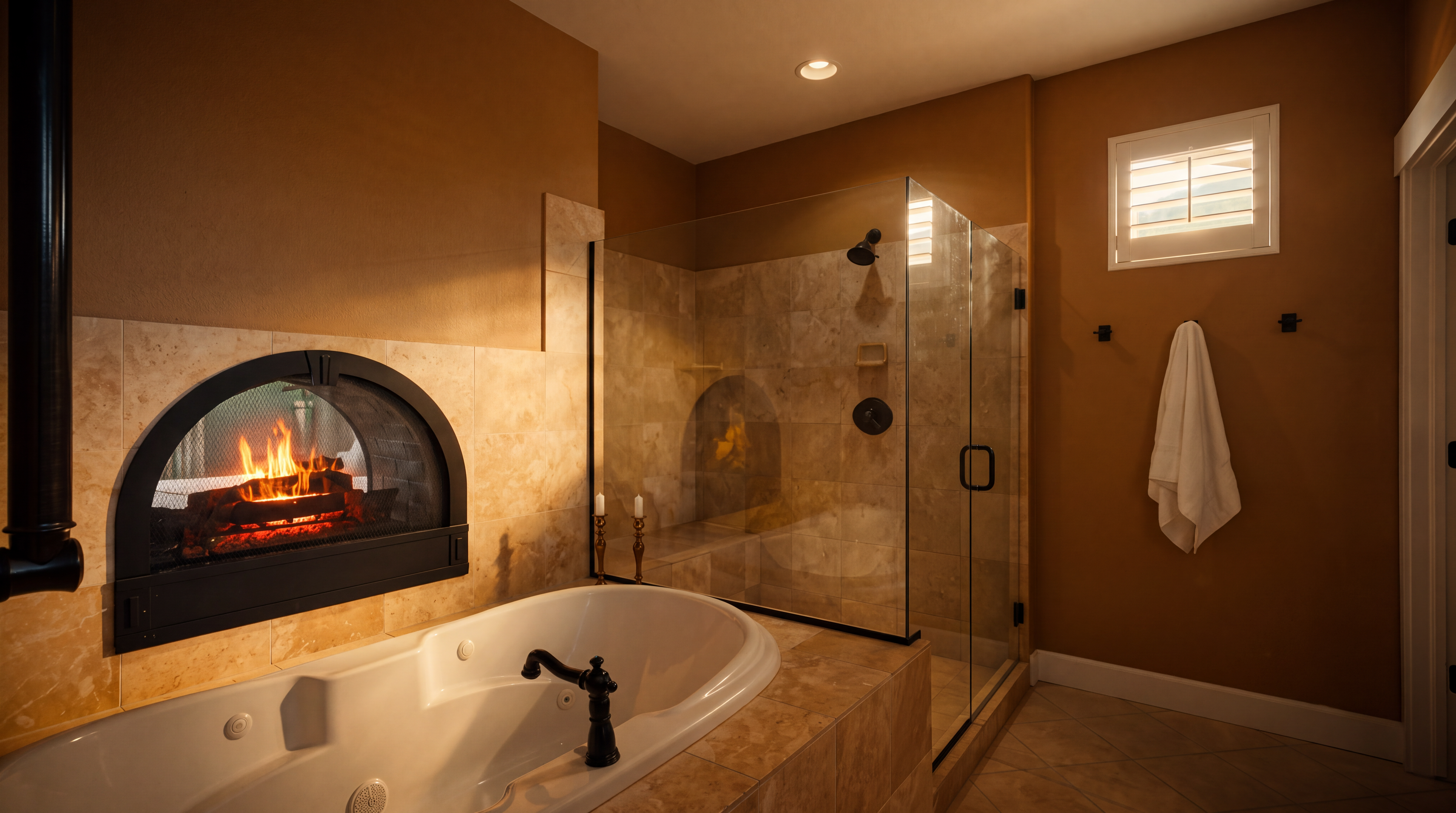 This luxurious primary bathroom features a deep soaking tub positioned next to a built-in fireplace with a black arched frame. A glass-enclosed walk-in shower with stone tile walls and a built-in bench sits adjacent to the tub, creating a spa-like atmosphere. The room is finished with warm-toned walls, a white towel hanging on a rack, and neutral tile flooring.