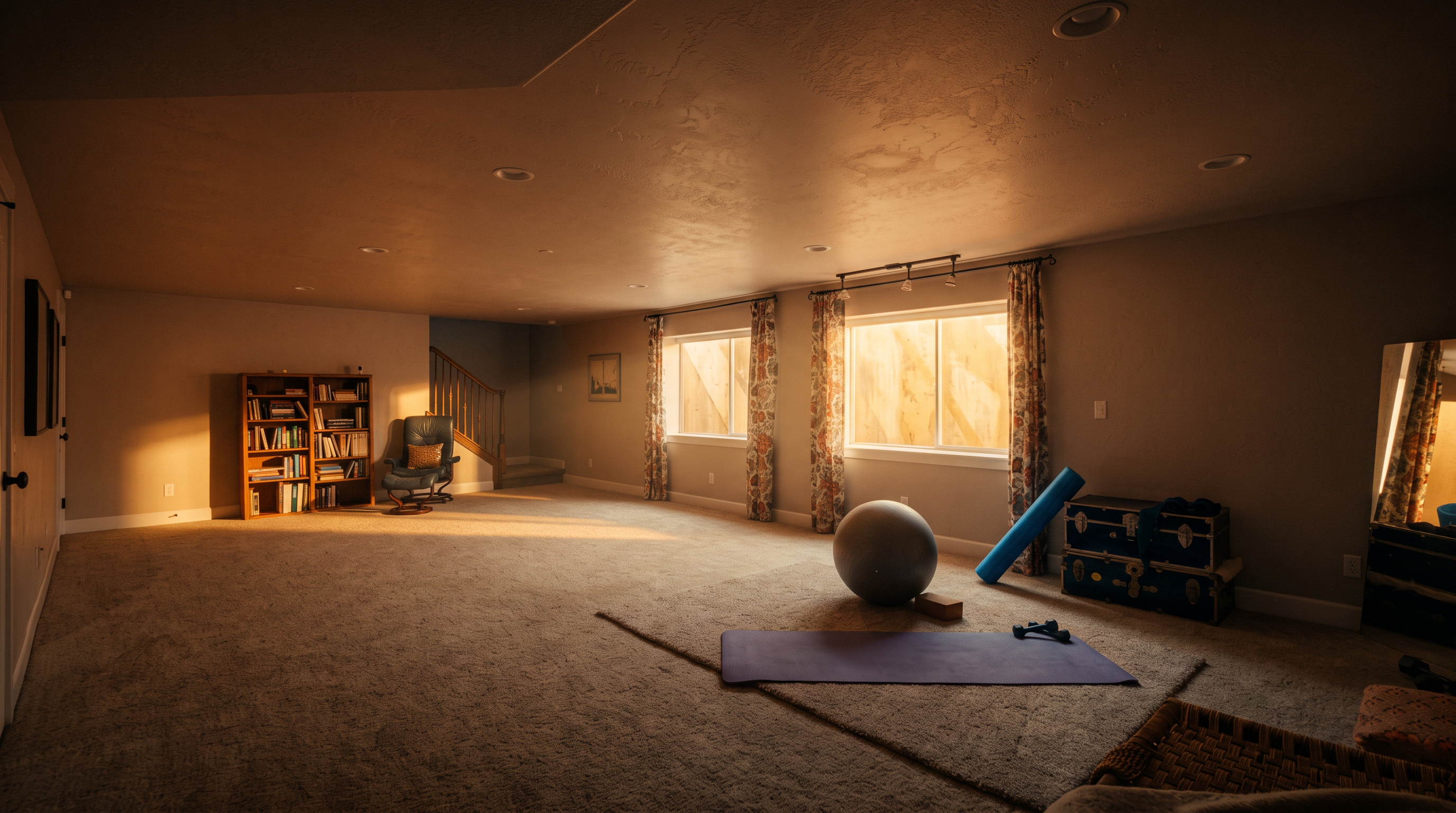 This spacious, carpeted basement serves as a versatile multi-purpose area, currently set up as a home gym and lounge. The room features neutral walls, recessed lighting, and two large windows dressed with floral curtains that allow natural light to filter in. A staircase with a wooden railing leads to the upper level, while a bookshelf and a mirror add functional storage and depth to the open floor plan.