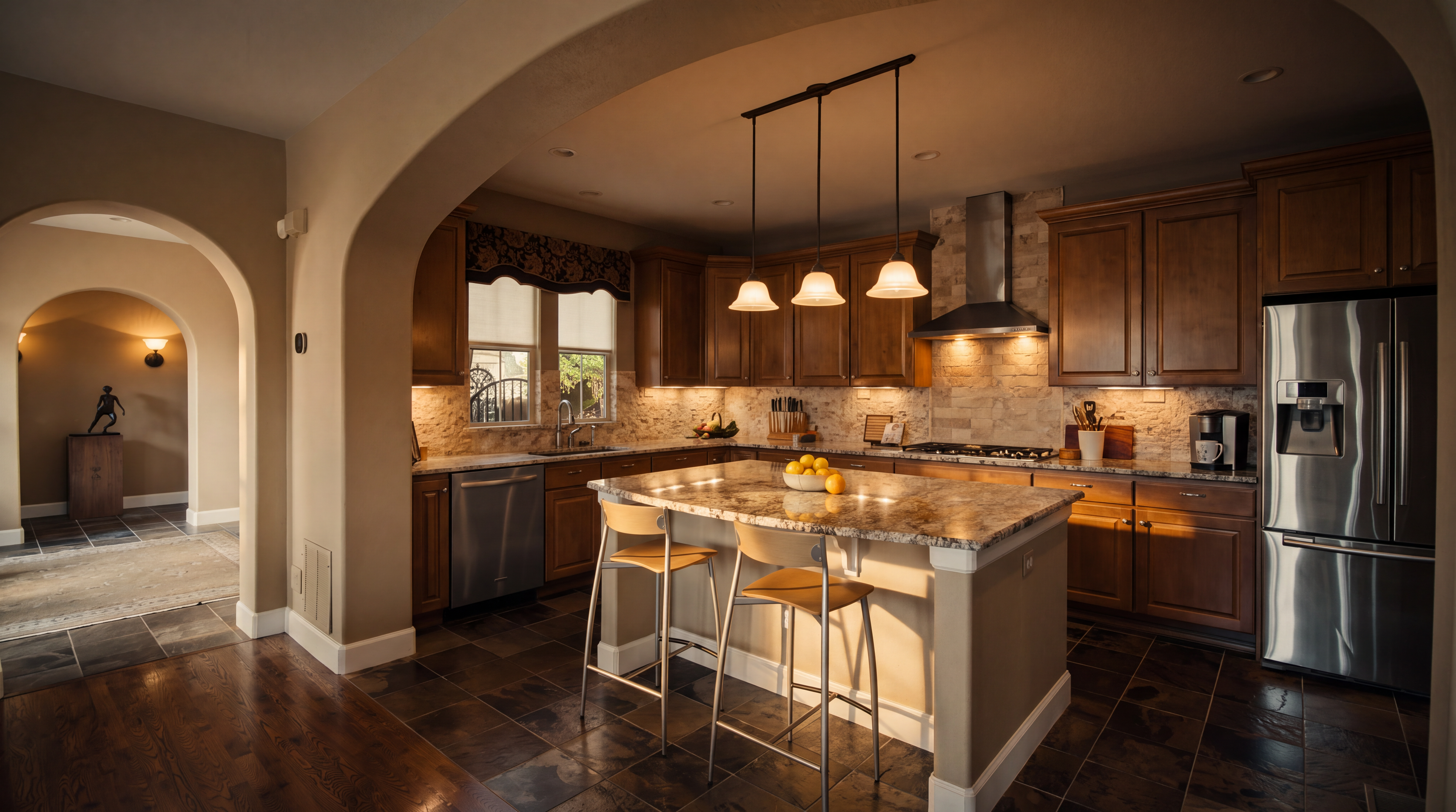 This spacious kitchen features warm-toned wood cabinetry, a large central island with stone countertops, and stainless steel appliances. A trio of pendant lights hangs over the island, while a stone-tiled backsplash adds texture to the cooking area. The room is framed by a wide, arched entryway that leads into an adjacent living space, creating an open and inviting atmosphere.