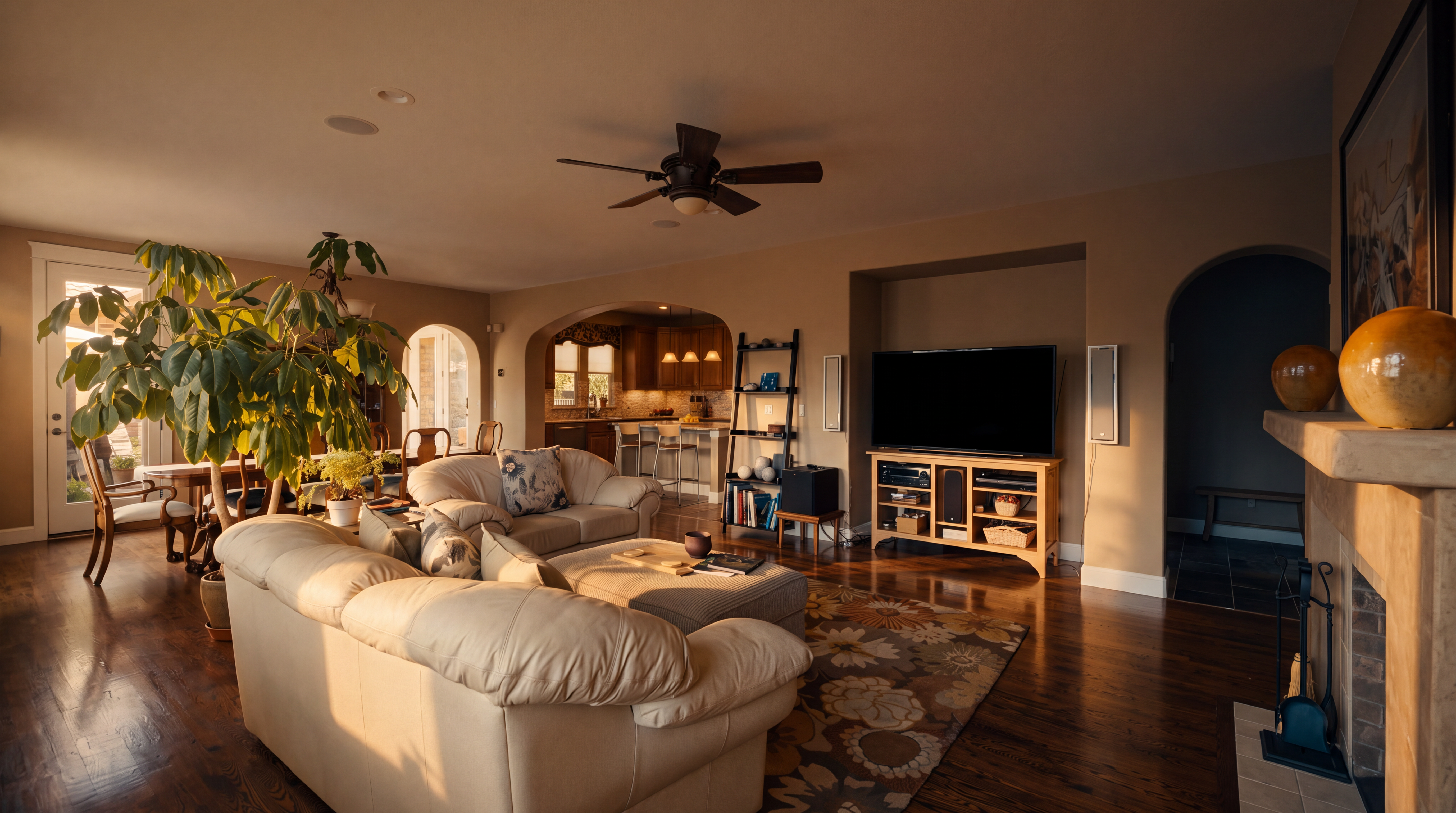 This spacious living room features warm hardwood flooring and a neutral color palette, creating an inviting atmosphere. The room is anchored by a large, light-colored sectional sofa and a patterned area rug, with a media console positioned against the wall. An open archway leads into the kitchen, while a fireplace with a stone surround is visible on the right, providing a cozy focal point.
