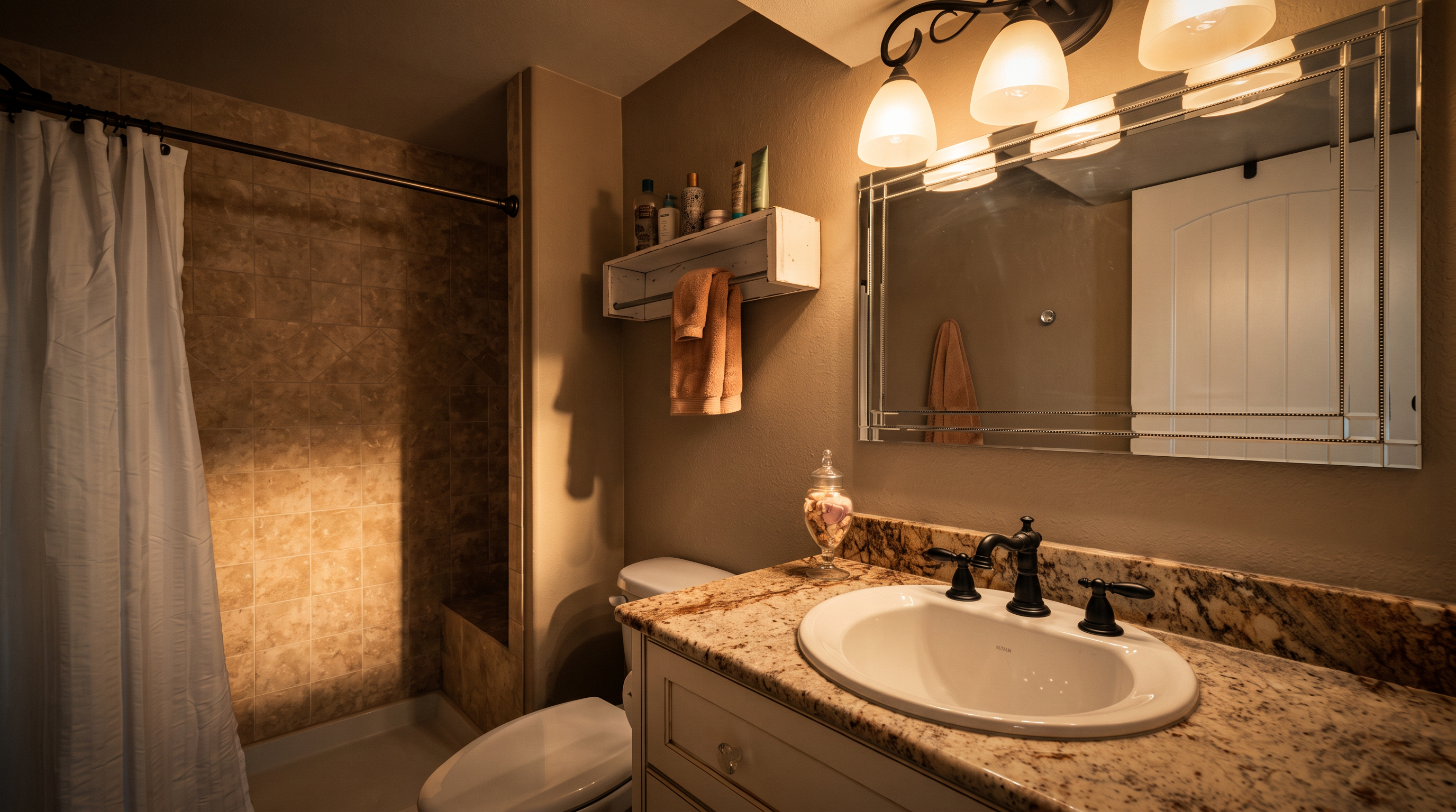 This bathroom features a vanity with a light-colored stone countertop and an oval undermount sink, complemented by dark hardware. A large, framed mirror hangs above the vanity, illuminated by a three-light fixture, while a shower with a white curtain and tiled walls sits to the left. A white toilet and a wall-mounted towel rack complete the functional layout of this compact space.