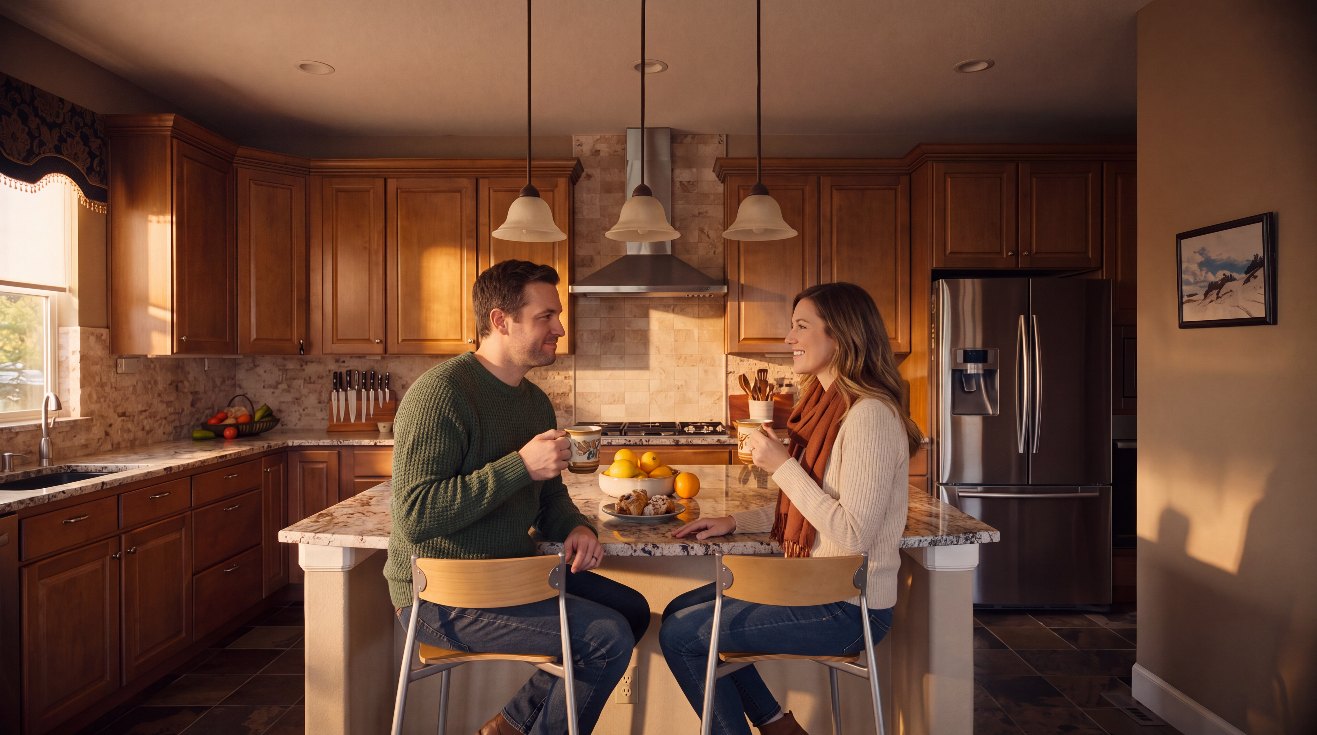 This well-appointed kitchen features warm-toned wood cabinetry, a large central island with a stone countertop, and stainless steel appliances. Three pendant lights hang above the island, which is flanked by two modern stools, while a tiled backsplash and a stainless steel range hood complete the functional layout. The space is finished with dark, multi-tonal floor tiles, creating a cohesive and inviting atmosphere.