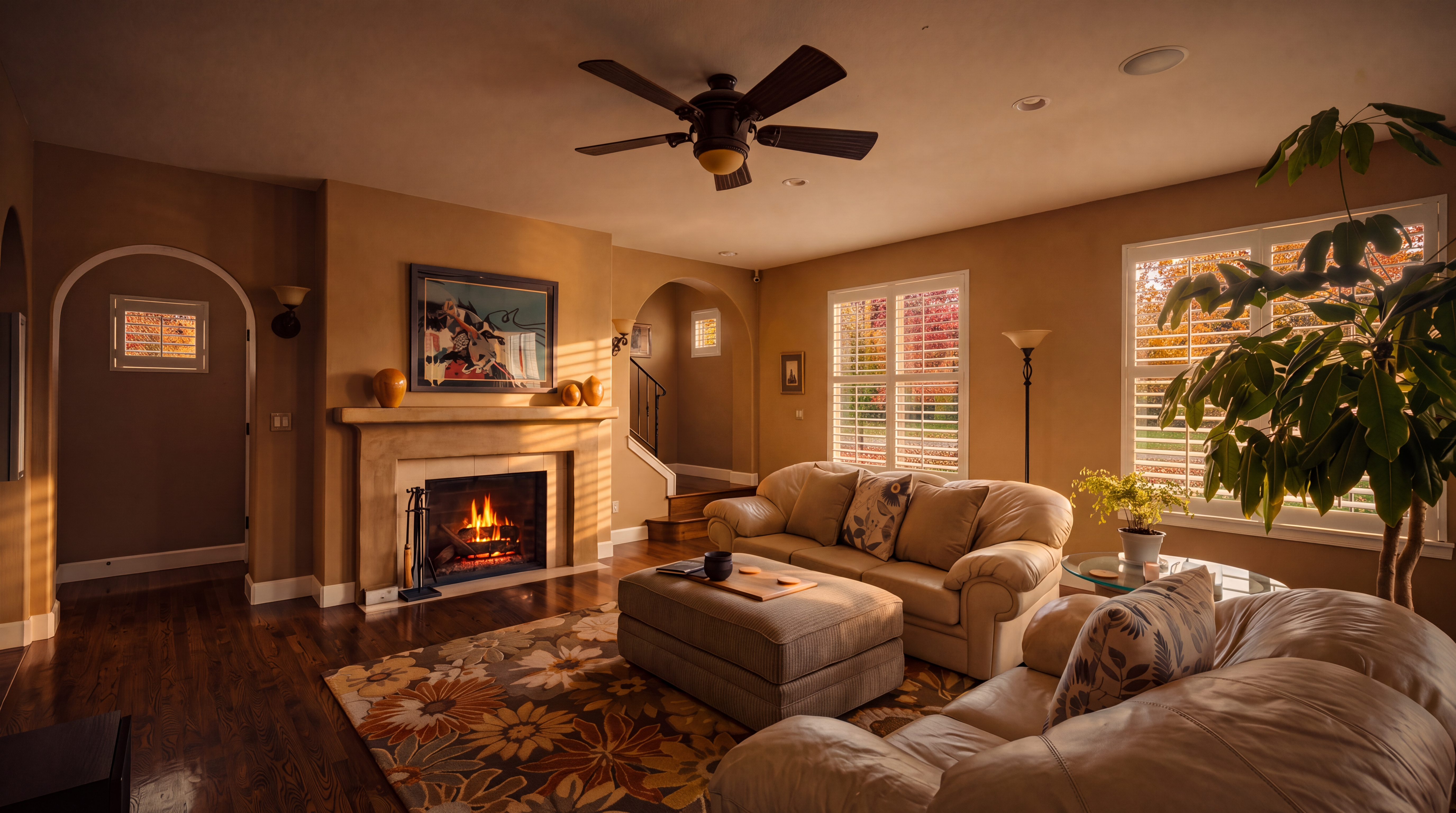This inviting living room features warm-toned walls, rich hardwood flooring, and a large, floral-patterned area rug that anchors the space. A central fireplace with a stone surround and mantel serves as a focal point, complemented by comfortable seating, including a sofa and a large ottoman. The room is brightened by natural light streaming through plantation-shuttered windows and is accented by a large potted plant and a ceiling fan.