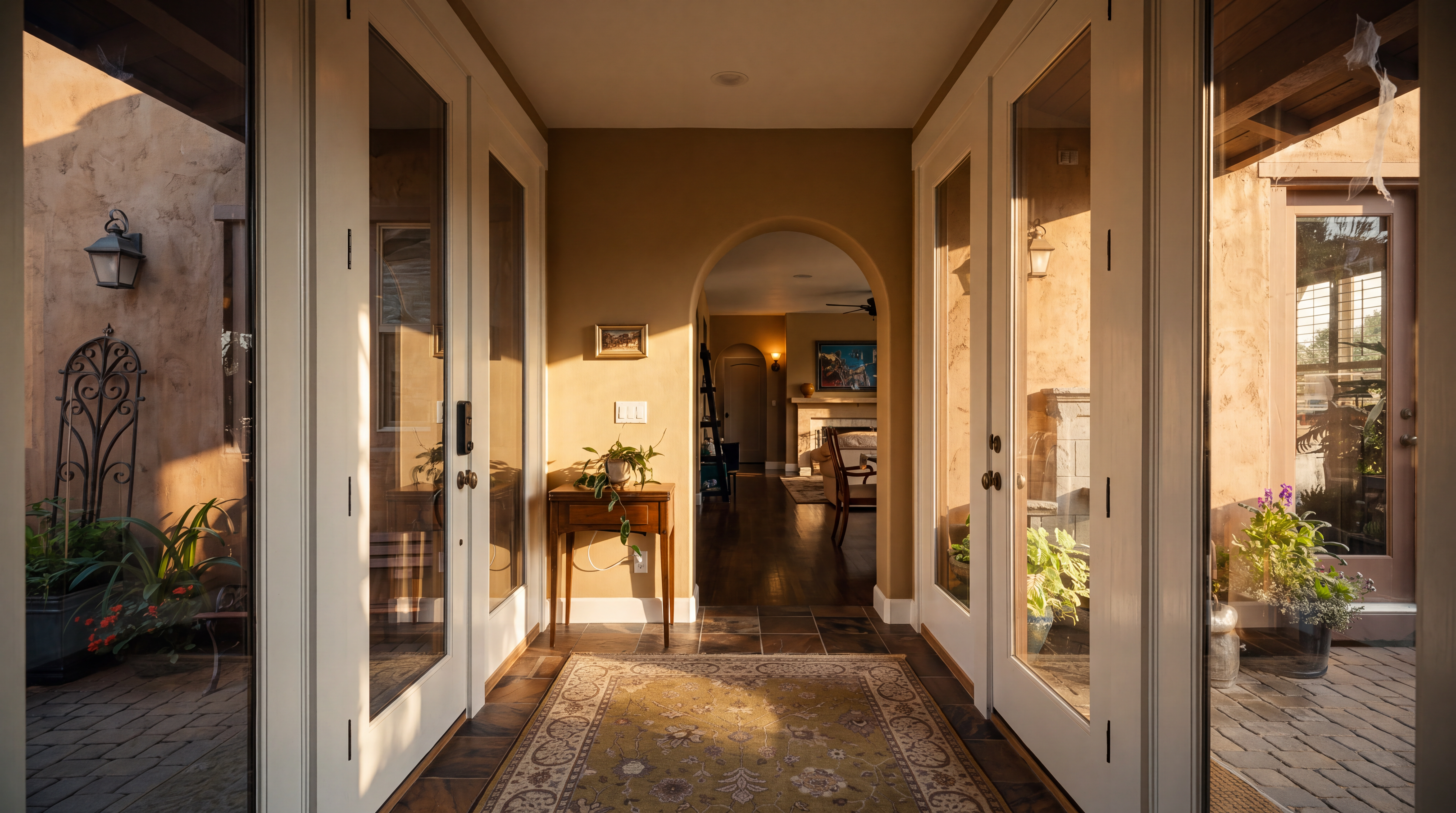 This inviting entryway features a symmetrical design with glass-paneled doors on either side that open to outdoor patio spaces. A patterned area rug centers the space, leading toward an arched doorway that reveals a glimpse into the living area with hardwood floors and a fireplace. The warm, neutral wall color and classic architectural details create a welcoming and sophisticated first impression.