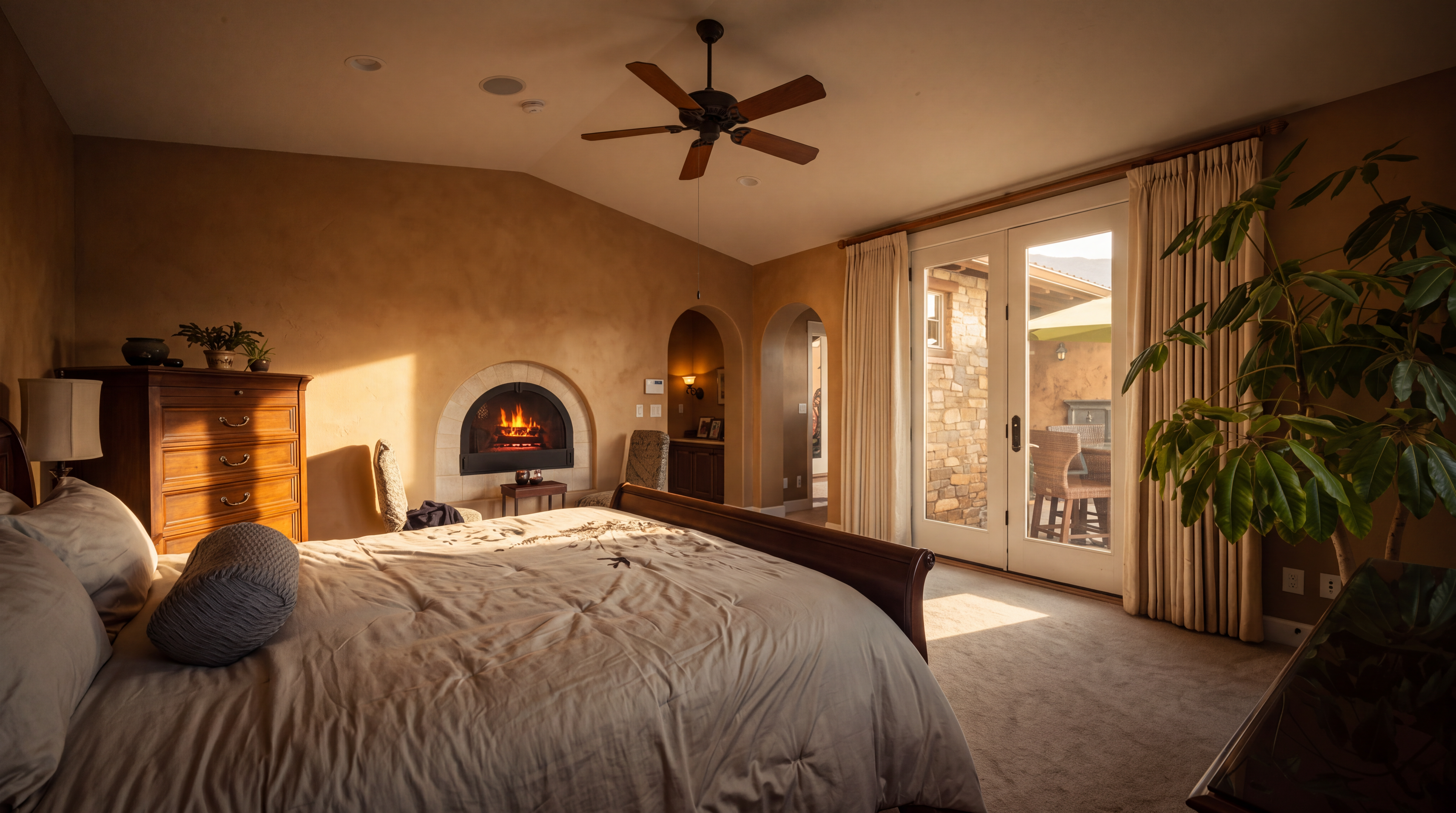 This primary bedroom features a neutral color palette and a vaulted ceiling with a central wooden ceiling fan. A prominent arched fireplace with a stone surround serves as a focal point between two arched doorways, while large glass doors with floor-to-ceiling curtains provide access to an outdoor patio. The room is furnished with a dark wood bed frame and a matching dresser, creating a warm and inviting atmosphere.