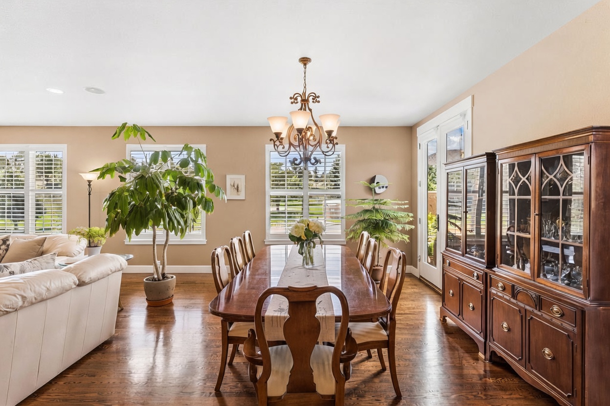 This formal dining room features a long wooden table centered under an ornate chandelier, surrounded by matching chairs. The space is accented by a large potted plant, a tall wooden hutch for display, and light-colored walls that create a warm, inviting atmosphere. Large windows with white shutters allow natural light to fill the room, highlighting the polished wood flooring.