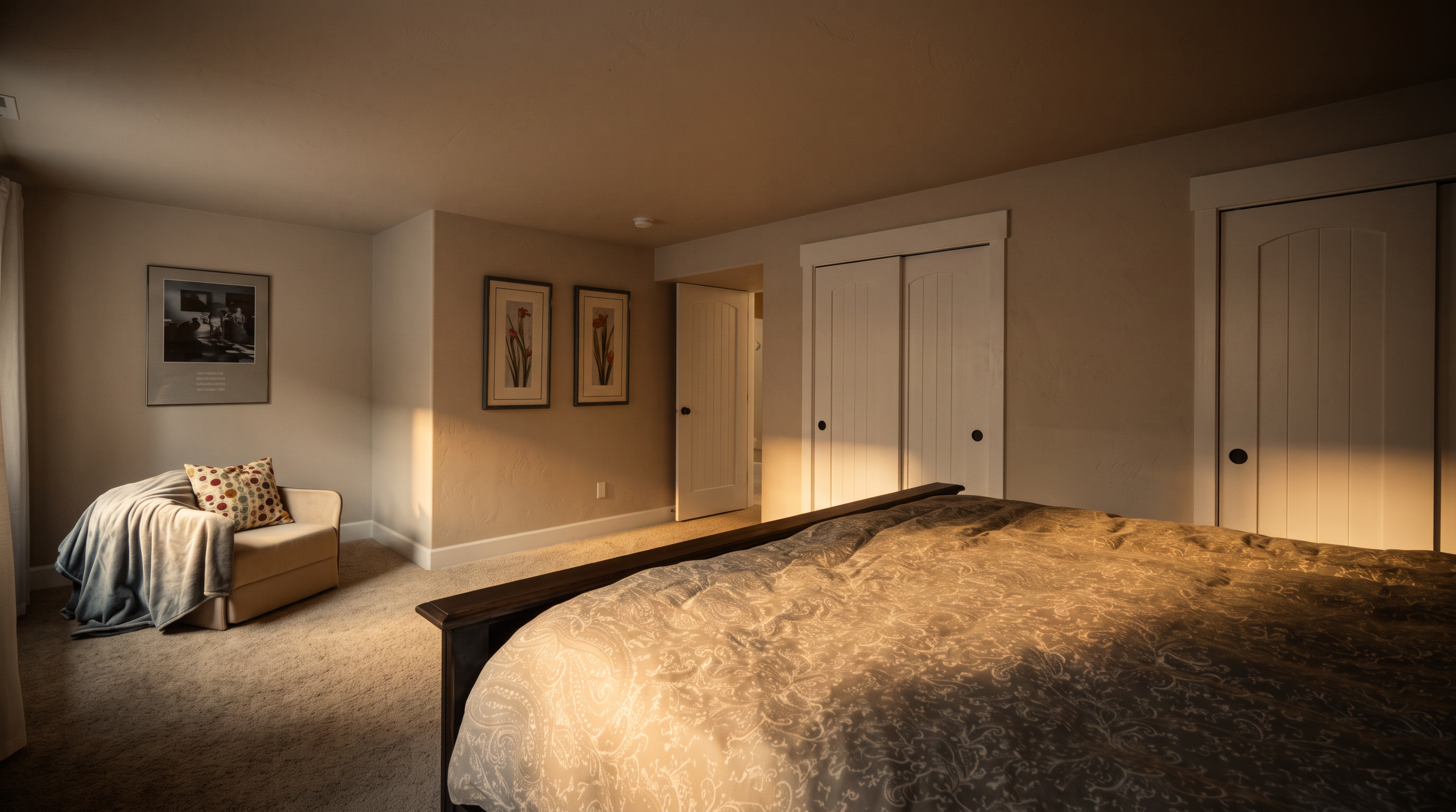 This spacious bedroom features neutral-toned walls, plush carpeting, and a large bed with a patterned grey comforter. A cozy seating area with a comfortable armchair and a throw blanket is tucked into the corner, while two framed botanical prints hang on the wall. The room includes white paneled closet doors and an open doorway leading to an adjacent space, creating an airy and inviting atmosphere.