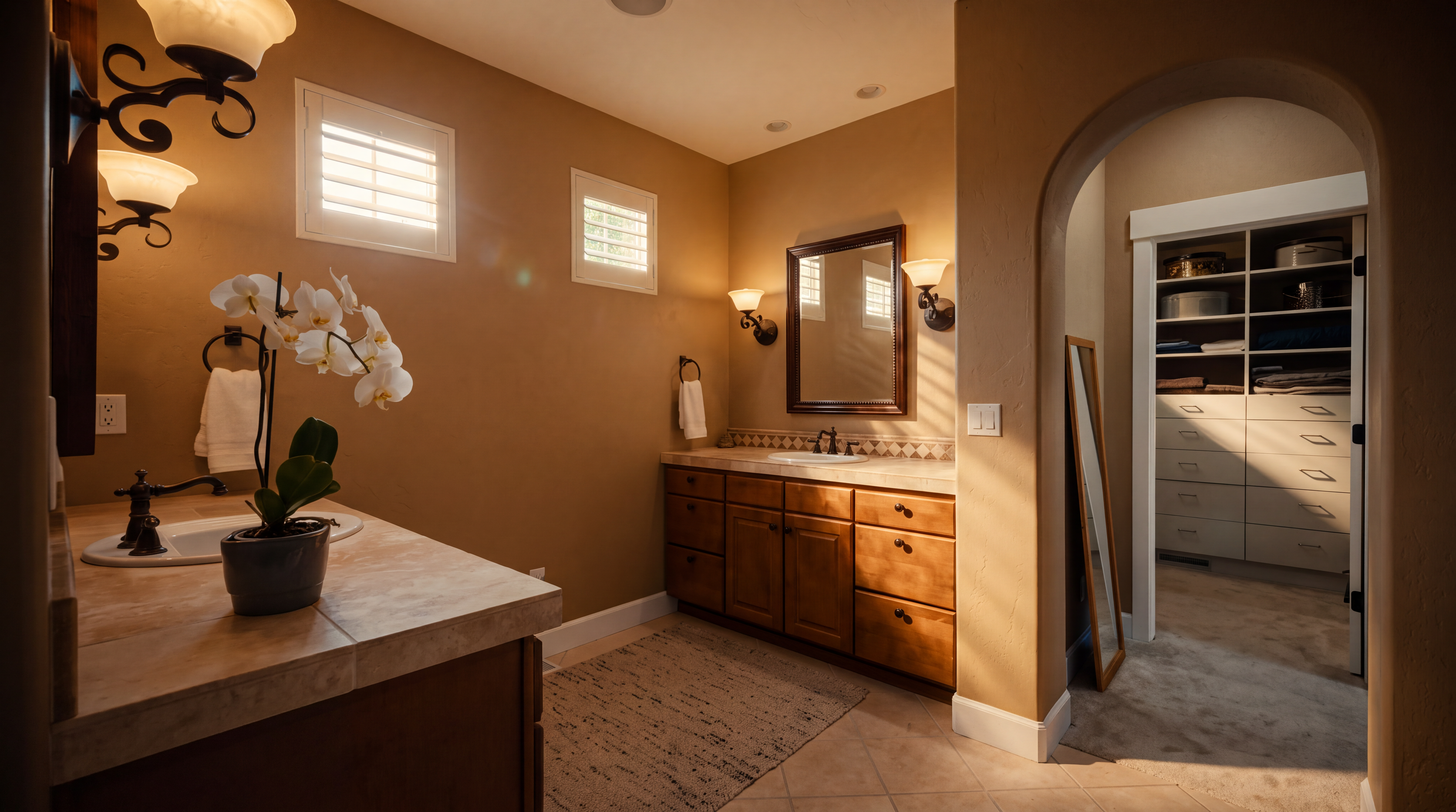 This primary bathroom features a dual-vanity setup with warm-toned wood cabinetry and neutral stone countertops. The space includes a walk-in closet accessible through an arched doorway, a textured area rug, and a potted orchid adding a touch of greenery. The neutral color palette and soft lighting create a calm, inviting atmosphere.