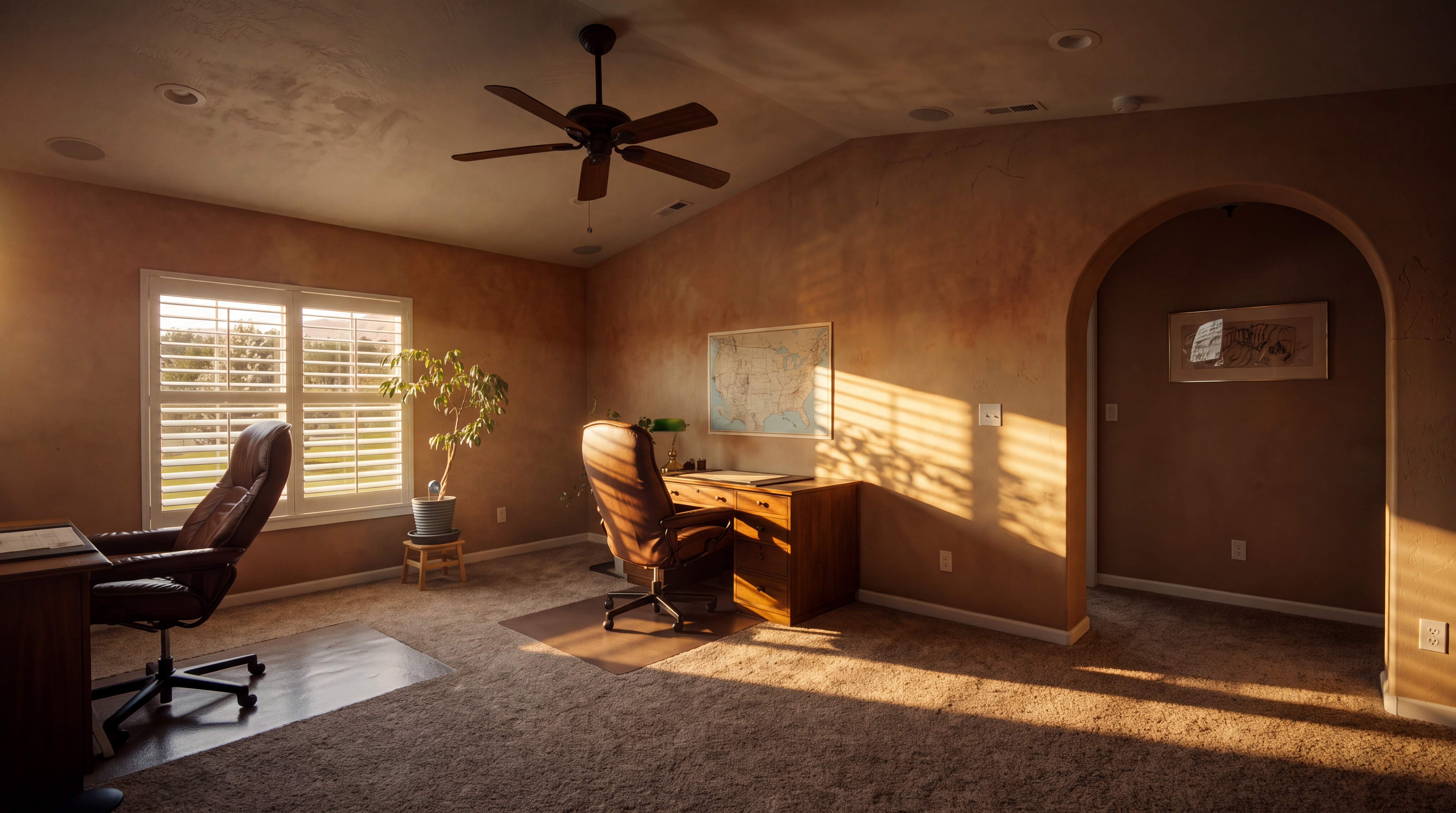 This spacious home office features neutral-toned walls, plush carpeting, and a vaulted ceiling with a central wooden ceiling fan. The room is furnished with a wooden desk, a leather office chair, and a secondary chair, all positioned to take advantage of the natural light streaming through the large window. An arched entryway leads into an adjacent space, creating an open and inviting atmosphere suitable for a productive work environment.