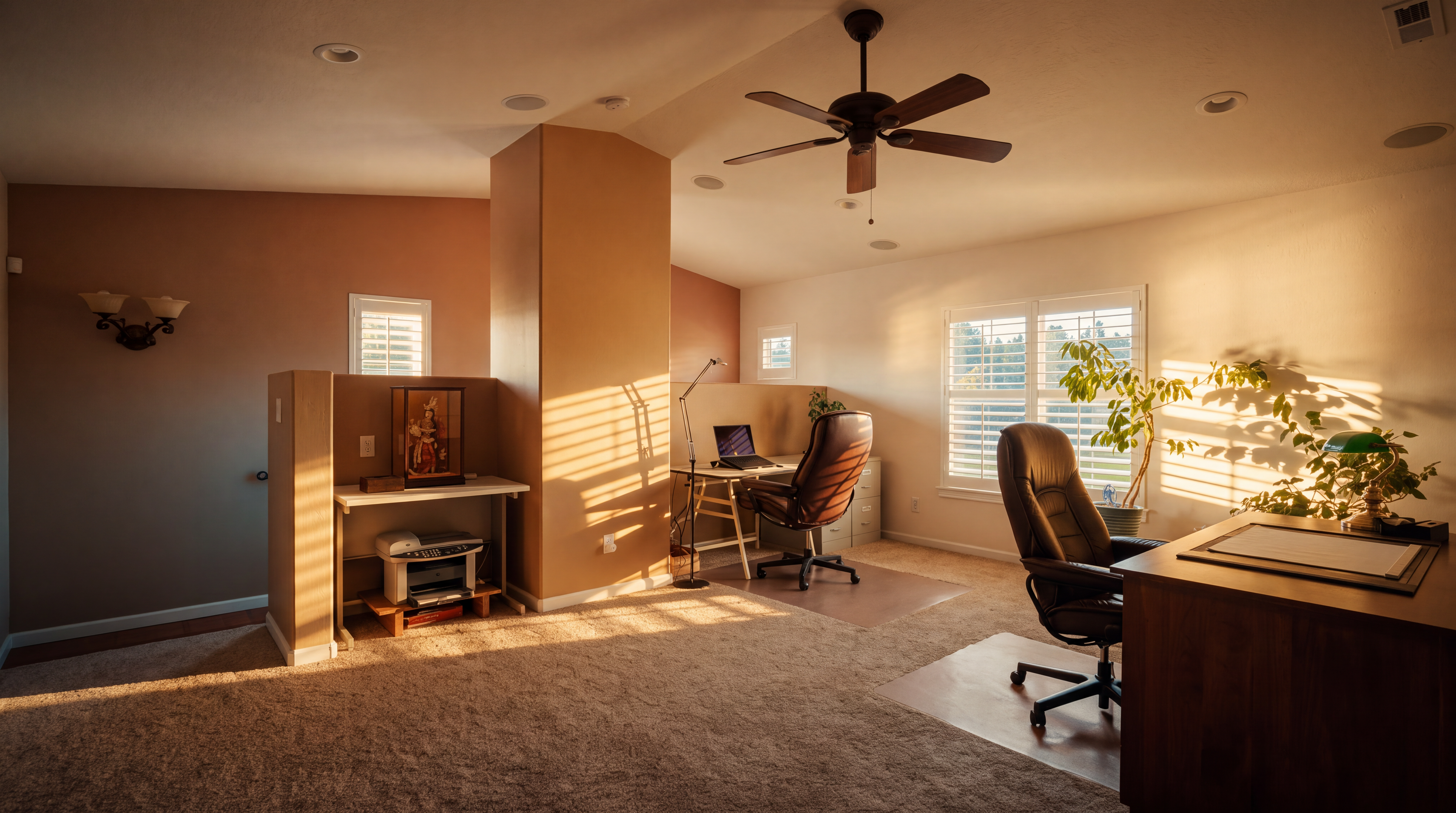 This spacious home office features a neutral color palette and carpeted flooring, providing a professional and comfortable workspace. The room is equipped with two separate desk areas, including a large wooden desk in the foreground and a secondary workstation against the wall, both complemented by ergonomic office chairs. Large windows with white shutters allow for natural light, while a ceiling fan and recessed lighting provide ample illumination throughout the area.