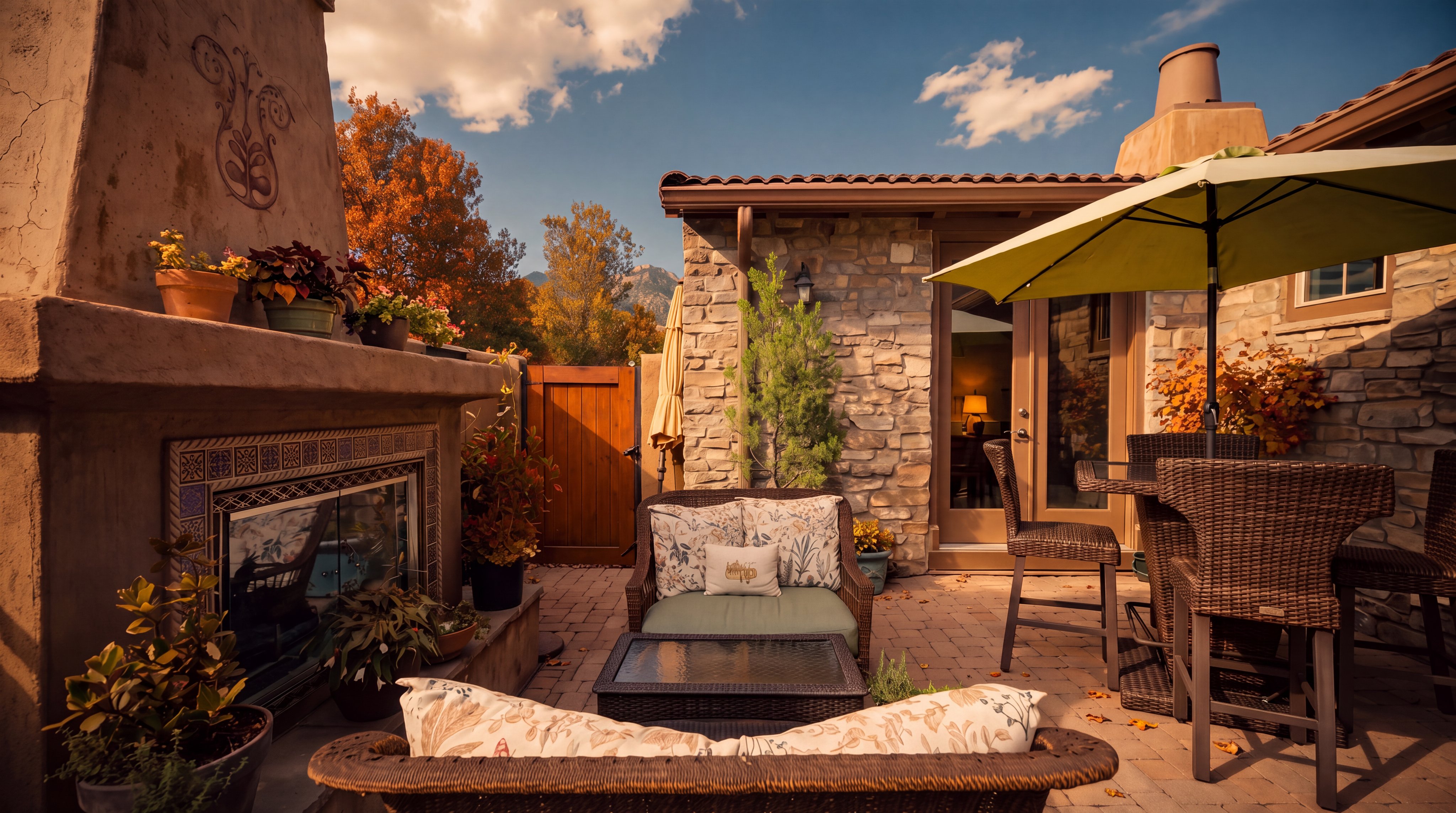 This inviting outdoor patio features a stone-clad fireplace as a focal point, complemented by a comfortable seating area with wicker furniture and patterned cushions. A dining set with a green umbrella sits on the paved surface, while a wooden gate and stone walls provide a sense of privacy. The perspective is a ground-level shot looking toward the home's exterior, highlighting a cozy, well-appointed space perfect for relaxation.