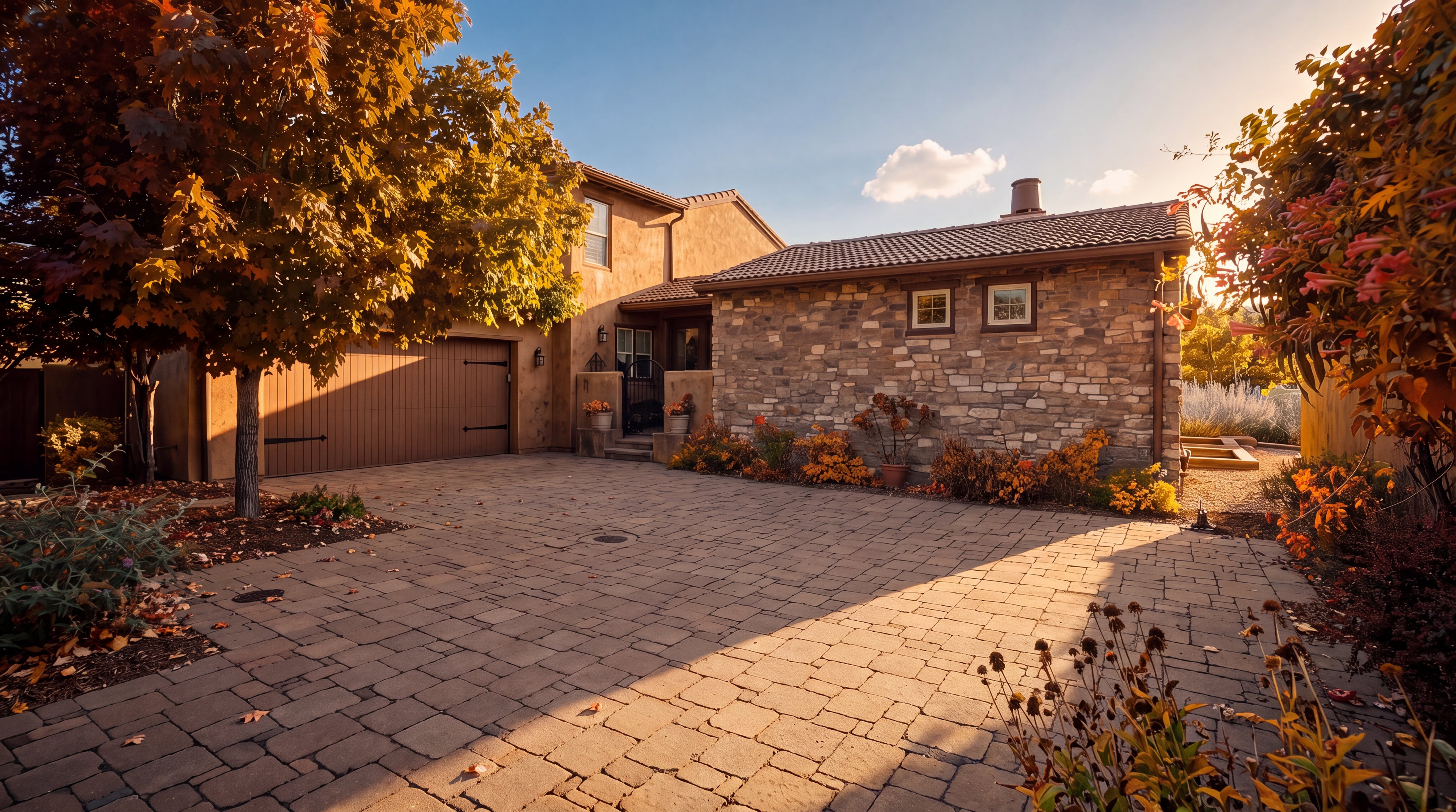 This front exterior view showcases a charming home with a blend of stucco and stone masonry, featuring a paved driveway leading to a two-car garage. A mature tree provides shade over the driveway, while the stone-clad section of the house adds texture and character. The perspective is captured from the driveway, highlighting the welcoming entryway and the well-maintained landscaping.