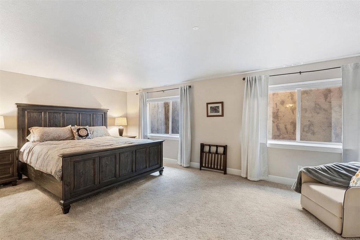 This spacious primary bedroom features neutral wall tones and plush carpeting, creating a calm and inviting atmosphere. A large, dark wood bed frame serves as the focal point, flanked by matching nightstands and lamps, while two sets of windows with white curtains allow for ample natural light. The room is accented by a small piece of wall art and a comfortable armchair in the corner, offering a cozy seating area.