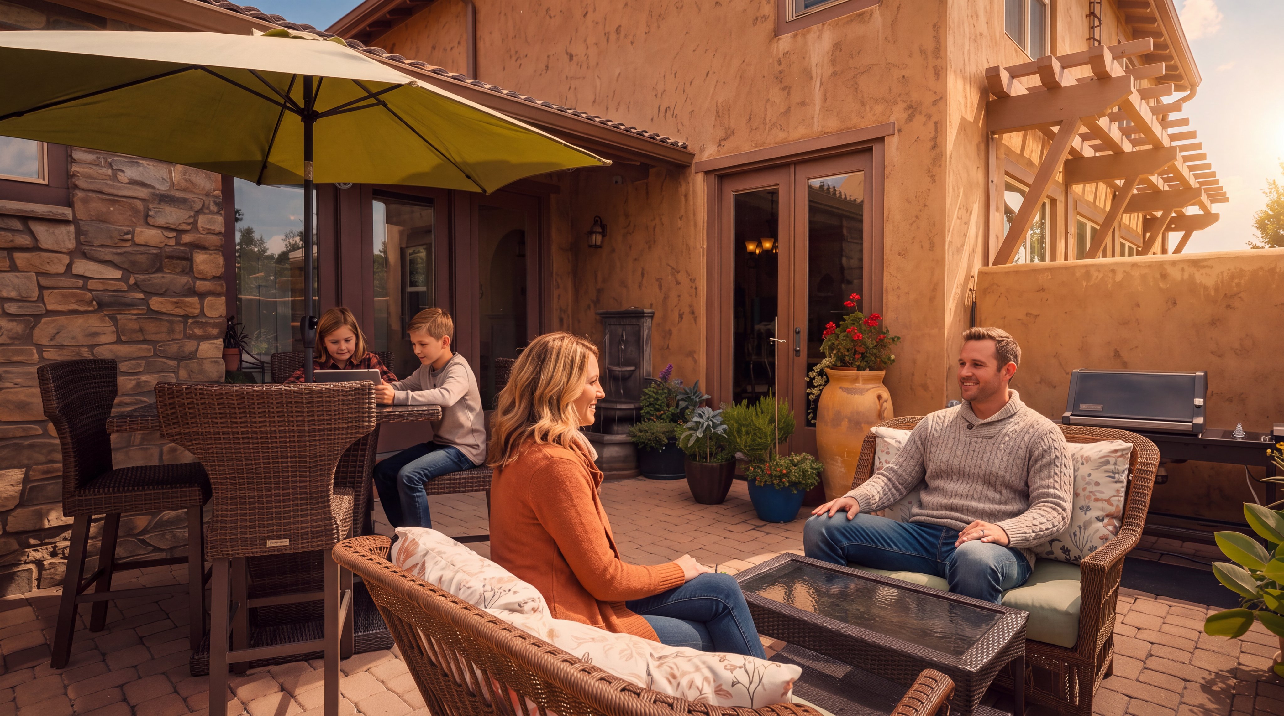 This inviting outdoor living space features a paved patio area complete with high-quality wicker furniture, including a conversation set and a high-top dining table shaded by a large green umbrella. The setting is framed by a warm-toned, stucco-walled home with stone accents and a wooden pergola, creating a cozy and functional family-friendly retreat. Potted plants and tasteful landscaping add to the aesthetic appeal, making this an ideal space for relaxation and entertaining.
