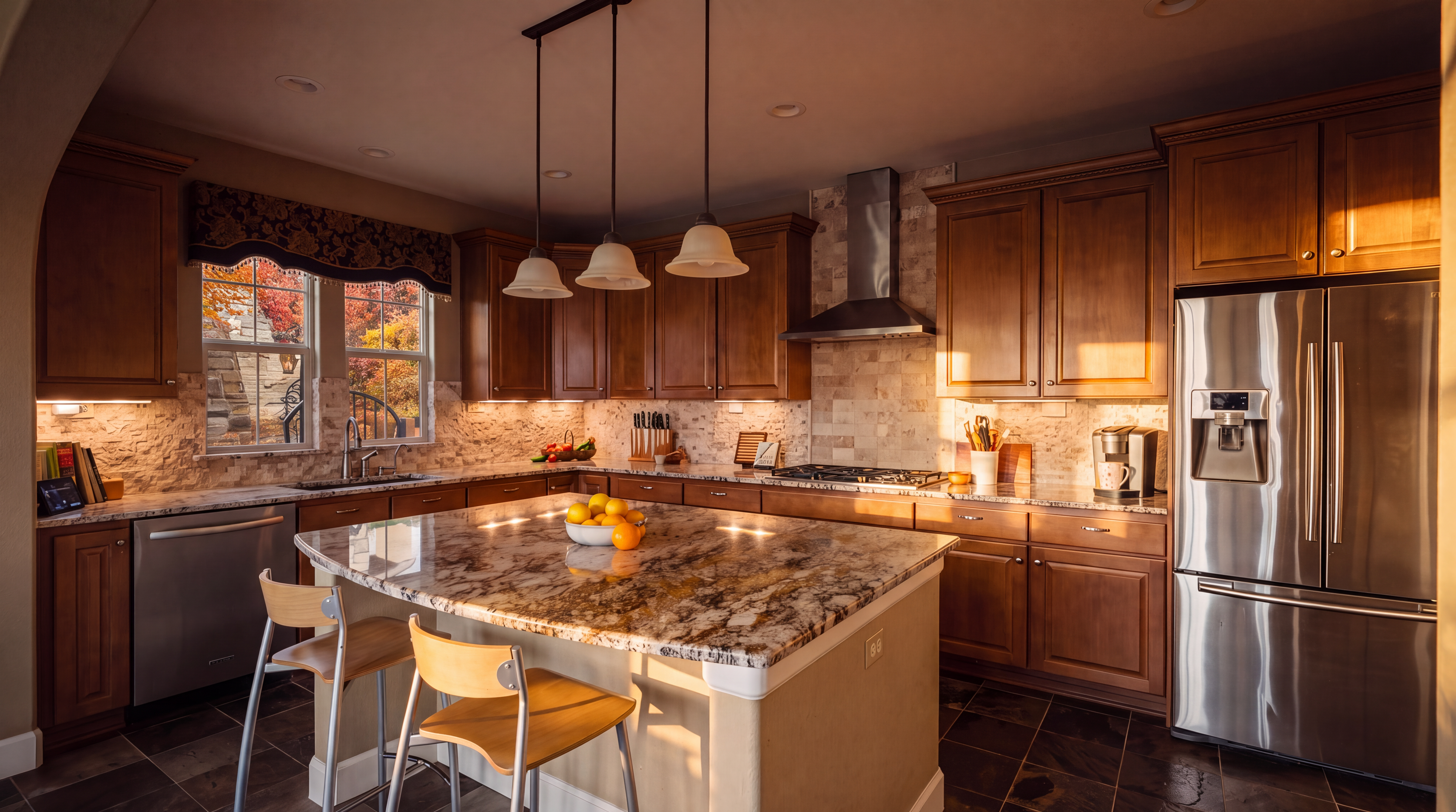 This spacious kitchen features warm-toned wood cabinetry, a large central island with a stone countertop, and stainless steel appliances. A trio of pendant lights hangs above the island, while a stone-tiled backsplash adds texture behind the gas range and stainless steel hood. The room is finished with dark, large-format floor tiles and large windows that bring in natural light.
