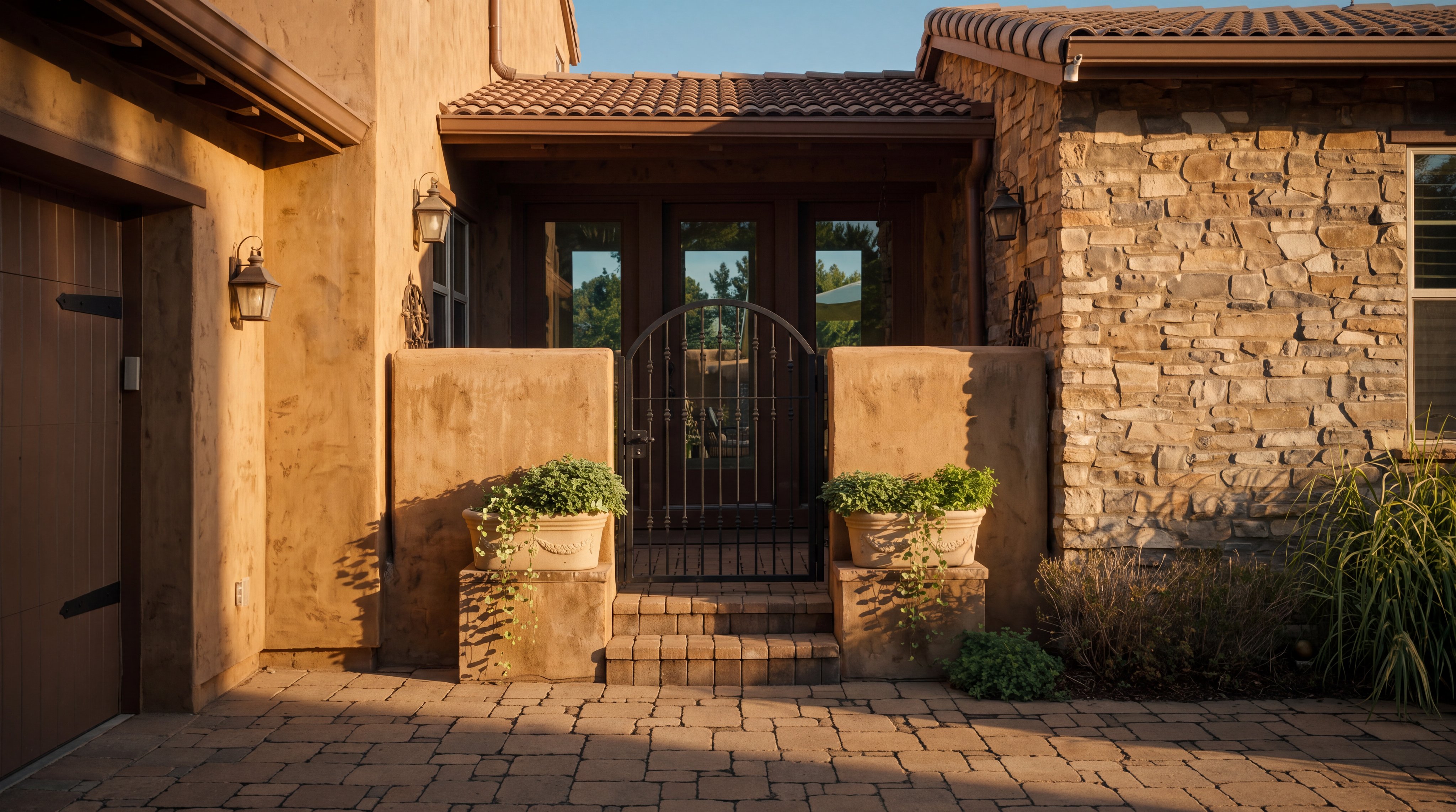 This inviting entryway features a charming courtyard design with a wrought-iron gate leading to a glass-paneled front door. The exterior showcases a blend of warm-toned stucco and textured stone masonry, complemented by a tiled roof and symmetrical planters flanking the steps. The perspective is a straight-on, eye-level shot that highlights the architectural character and welcoming atmosphere of the home's entrance.