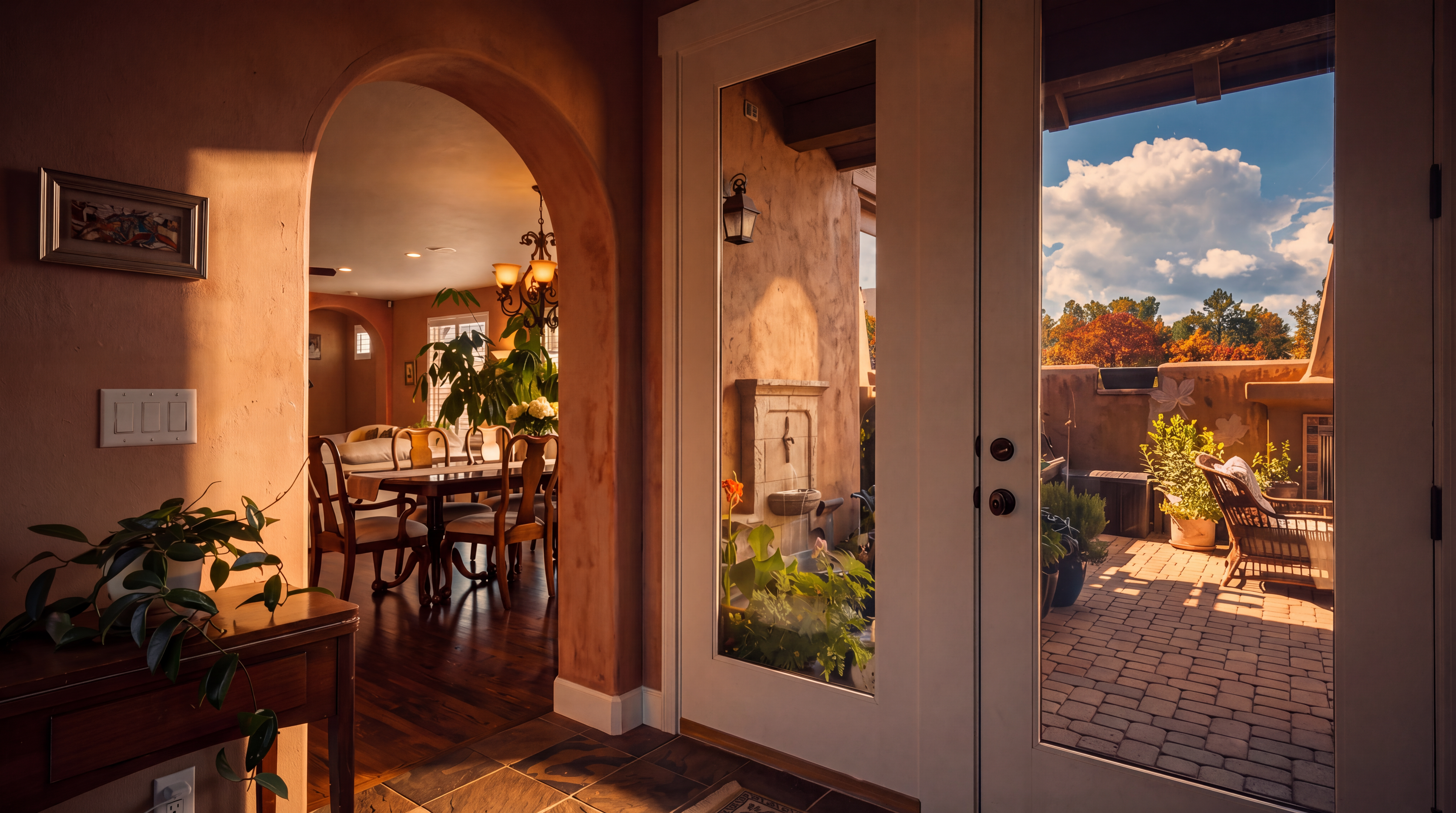 This inviting entryway features a tiled floor and a wooden console table topped with a potted plant, leading into a dining area through a graceful arched doorway. To the right, a white-framed glass door provides a clear view of a sunlit patio with a stone fountain and outdoor seating. The perspective captures a seamless transition between the warm, neutral-toned interior and the bright, inviting outdoor living space.