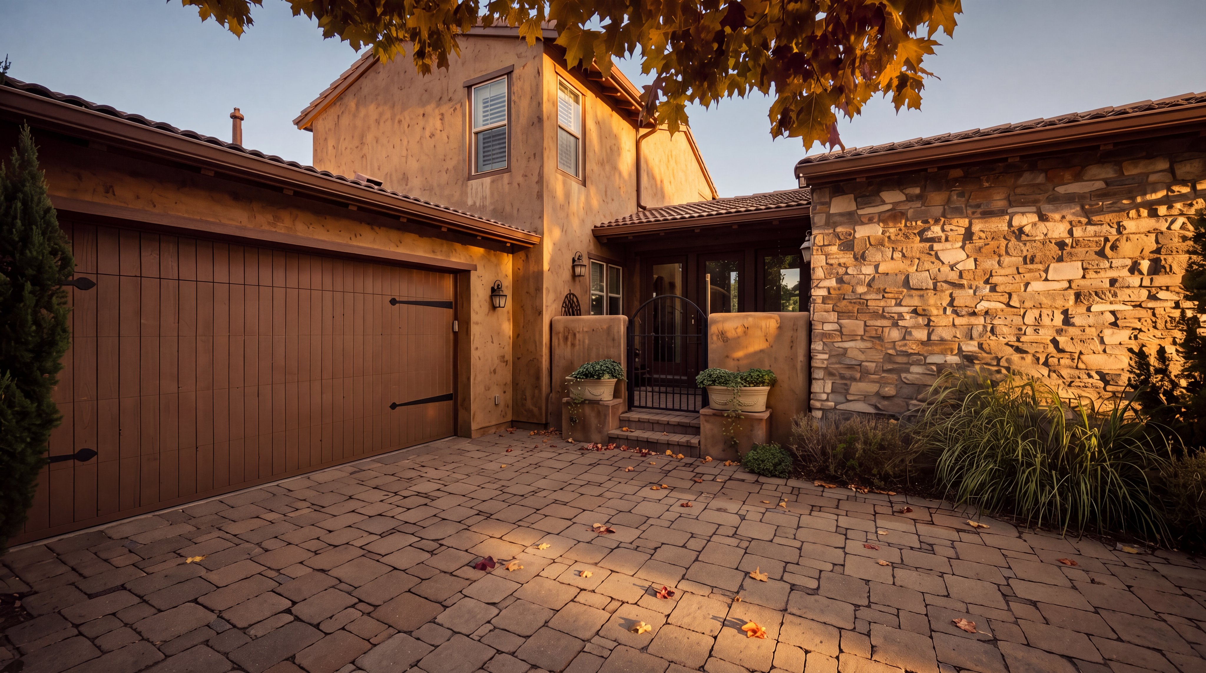 This image captures the front entryway and garage area of a home featuring a warm, stucco-clad exterior and a stone-accented facade. A paved driveway leads to a wooden garage door on the left, while a gated courtyard entrance with potted plants provides a welcoming transition to the front door. The perspective is eye-level, highlighting the architectural blend of rustic stone and smooth stucco textures under a clear blue sky.