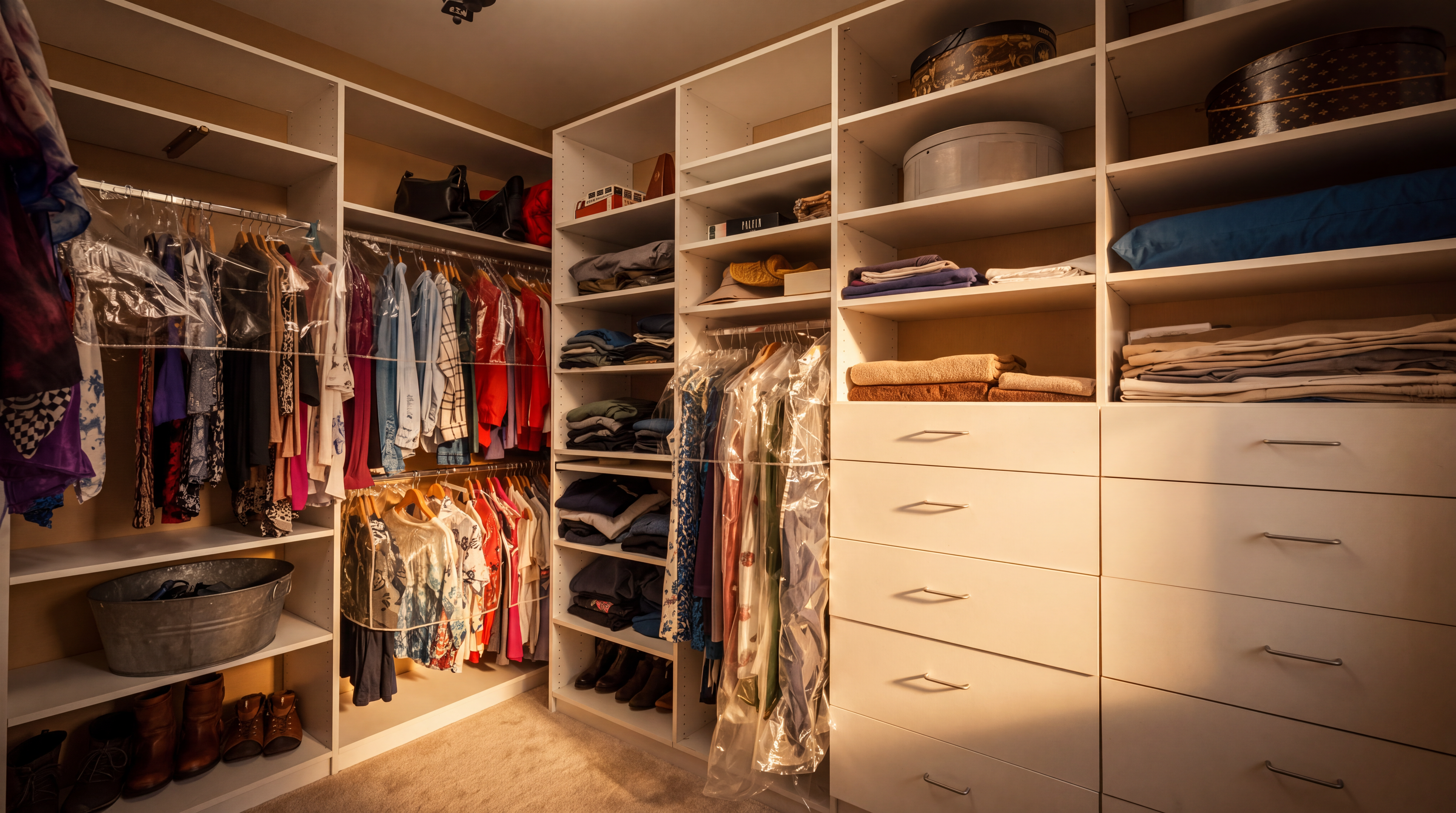 This spacious walk-in closet features extensive white custom shelving, hanging rods, and built-in drawers, providing ample organization for clothing and accessories. The layout includes multiple tiers of hanging space, open shelving for folded items, and a dedicated area for footwear on the floor. The neutral carpet and bright, clean aesthetic create a functional and well-organized storage environment.